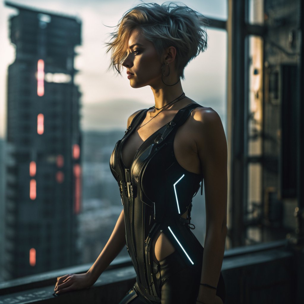 (Highest Quality, 4k, masterpiece, Amazing Details:1.2), standing inside a building, black top bodysuit, (building|prypiat), dramatic side light, neutral tone colors, (full body),((((cyberpunk woman)))), thin eyebrows, wavy short hair, ((photo-realistic:1.4)), (full body)