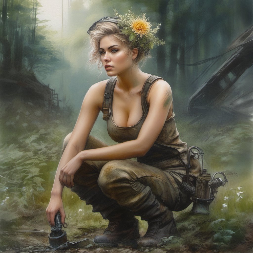 (Highest Quality, 4k, masterpiece, Amazing Details:1.1), nude. kneeling, (forrest|fantasy), ((((post apocalyptic mechanic woman)))), thin eyebrows, wavy short hair with flower hair ornament, ((aquarell:1.2)), (full body)