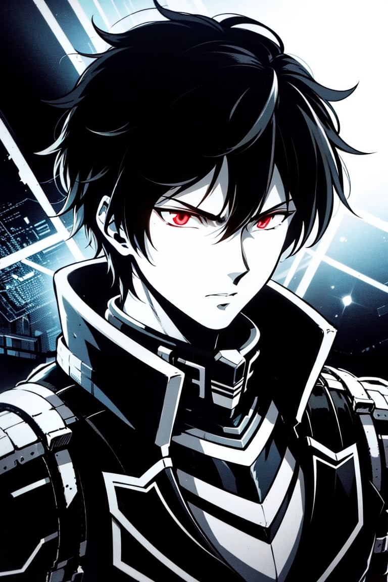 Black hair , confused expression  ,1boy  , glothes, man cosplay , white  aura, red eyes, blue glowing hair,Detailedface, futuristic city