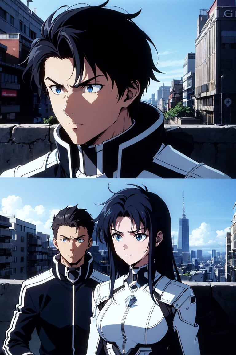 Black hair , confused expression  ,1boy and 2girl , glothes, man cosplay , blue eyes, Detailedface, futuristic city,1990s (style),90s