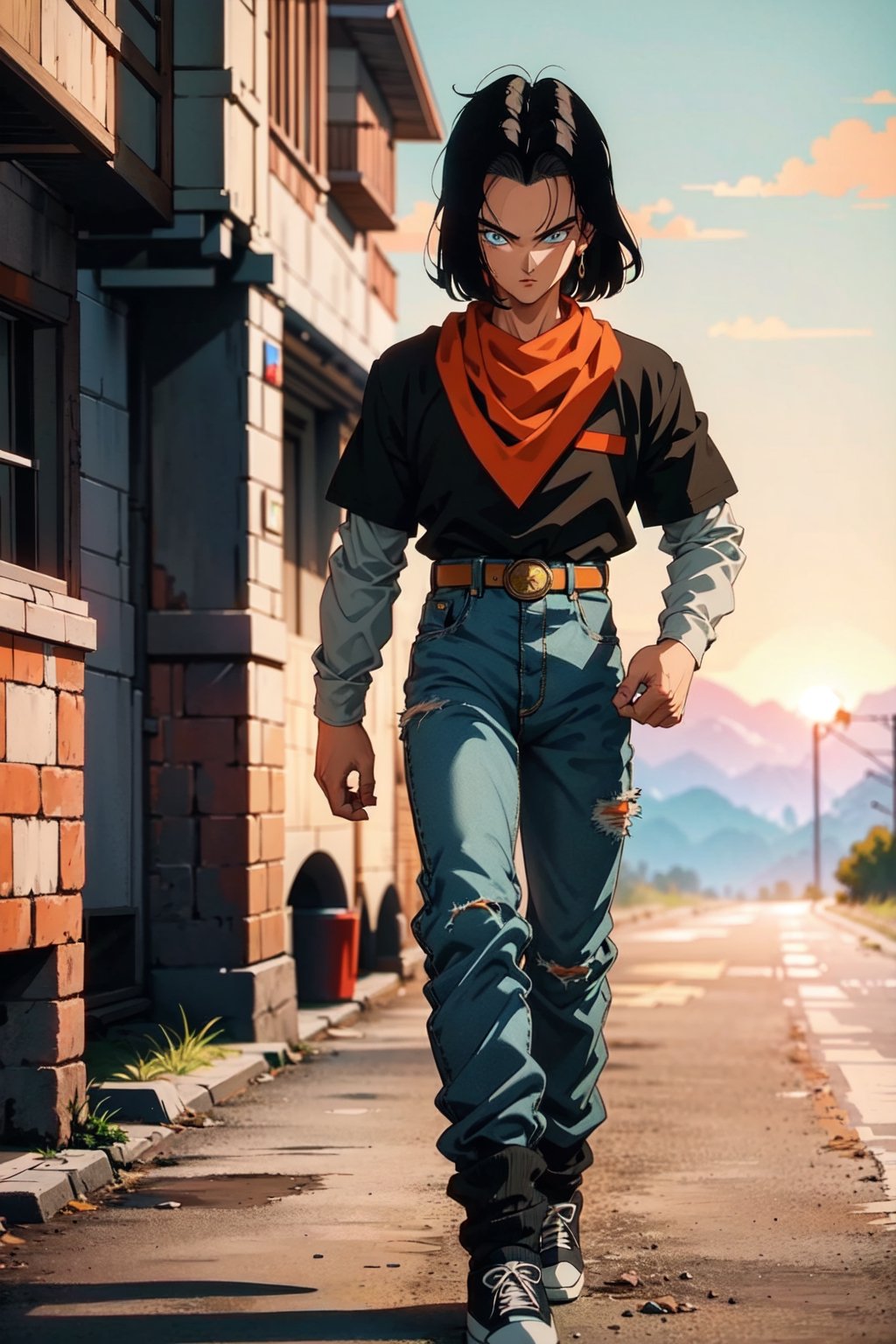android 17, blue eyes, black hair,parted hair,short hair, black shirt, jeans, layered shirt, white sleeves,orange bandana, blue sneakers, green socks, brown belt, red patch