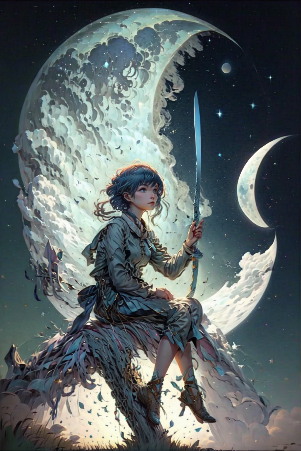  1girl, archer hunter, sitting on moon, (blue hair:1.4)
