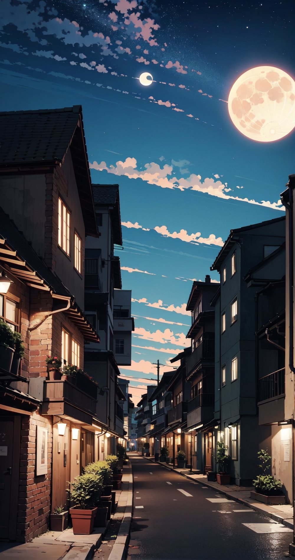 houses, city, cityscape, clouds, crescent_moon, full_moon, lamppost, moon, night, outdoors, road, scenery, skyscrapers, star_\(sky\), starry_sky, street,