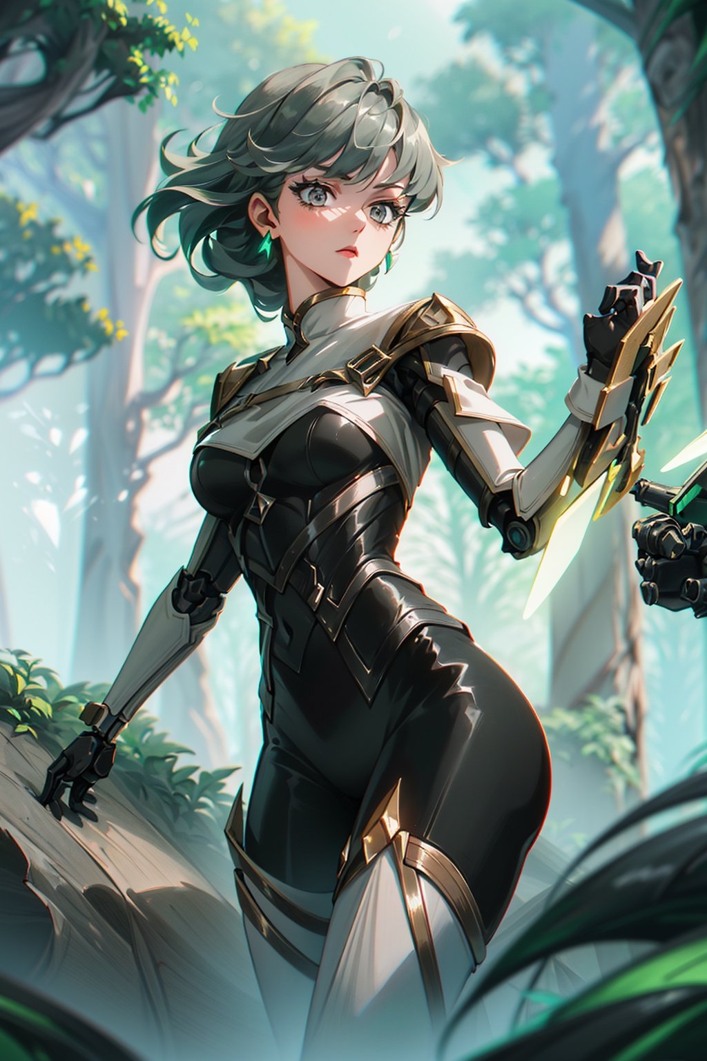 (green gray hair color) Create a whimsical artwork of a girl wearing a fortified suit that incorporates nature-inspired mechanical elements and delicate robot joints. Illustrate her in a magical forest setting, interacting harmoniously with robotic creatures while harnessing the suit's powers.,vayneSoL