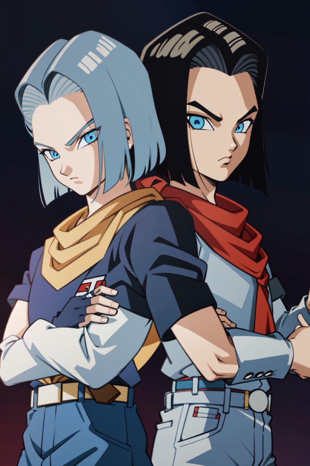 1boy, ki on hand, Gray hair,,android 17, blue eyes, blue hair,parted hair,short hair, red bandana , blue shirt, white jeans