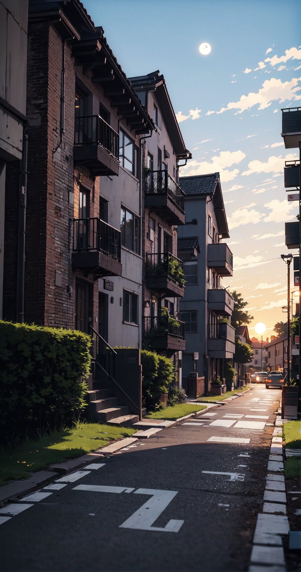 bulding , houses , apartment ,city , street, sunset , grass , moon