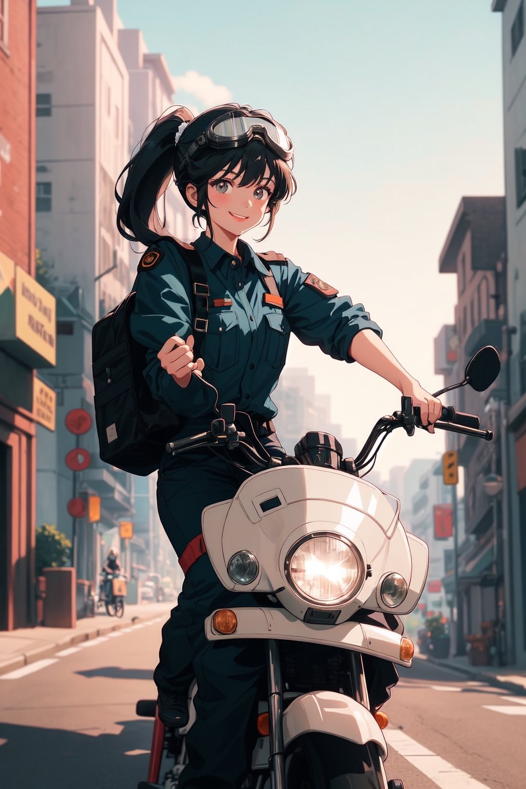 A young woman riding a motorcycle down a city street, wearing a delivery uniform and carrying a large delivery bag. She is wearing a helmet and goggles, and her hair is tied back in a ponytail. She is smiling and confident, and she is clearly enjoying her job.
