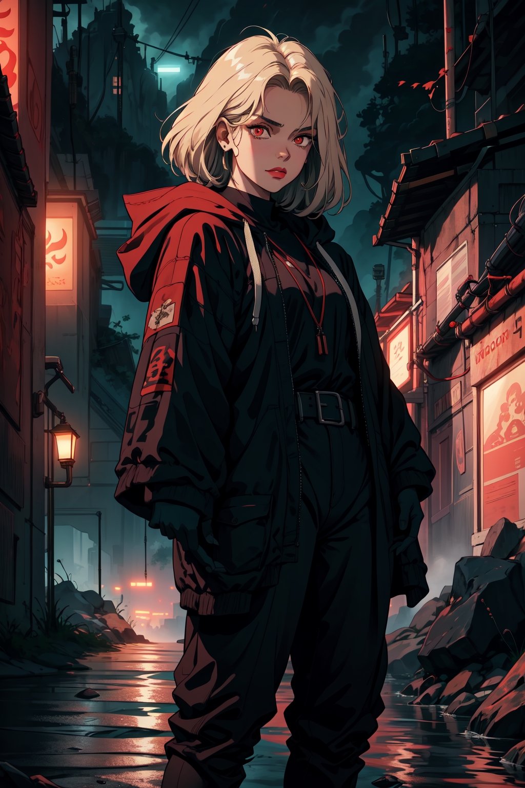 Create an image of a mechanized warlock in a dystopian city. The figure is clad in dark robes with a hood, glowing red eyes, and intricate armor that fuses technology and arcane symbols. The environment is dark, lit by the glow of the warlock's armor and the distant city lights. focus on high detail and contrast, with a balance between the fantastical elements and the grounded, realistic textures.,retro,android17,emma sekiro