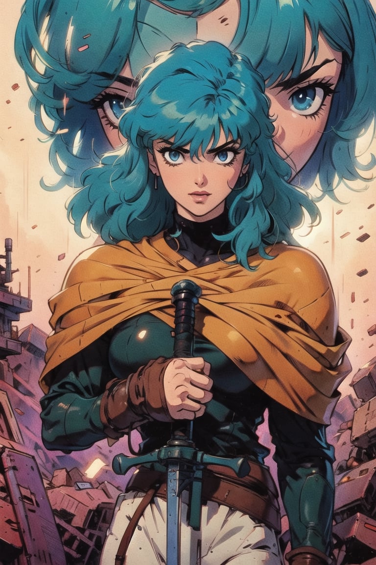 a woman with blue hair holding a sword, portrait knights of zodiac girl, berserk art style, griffith from berserk, from berserk, vincent di fate nausicaa, griffith, manara, knights of zodiac girl, tsutomu nihei art, berserk style, in berserk manga, 8 0 s anime art style, portrait of a female anime hero