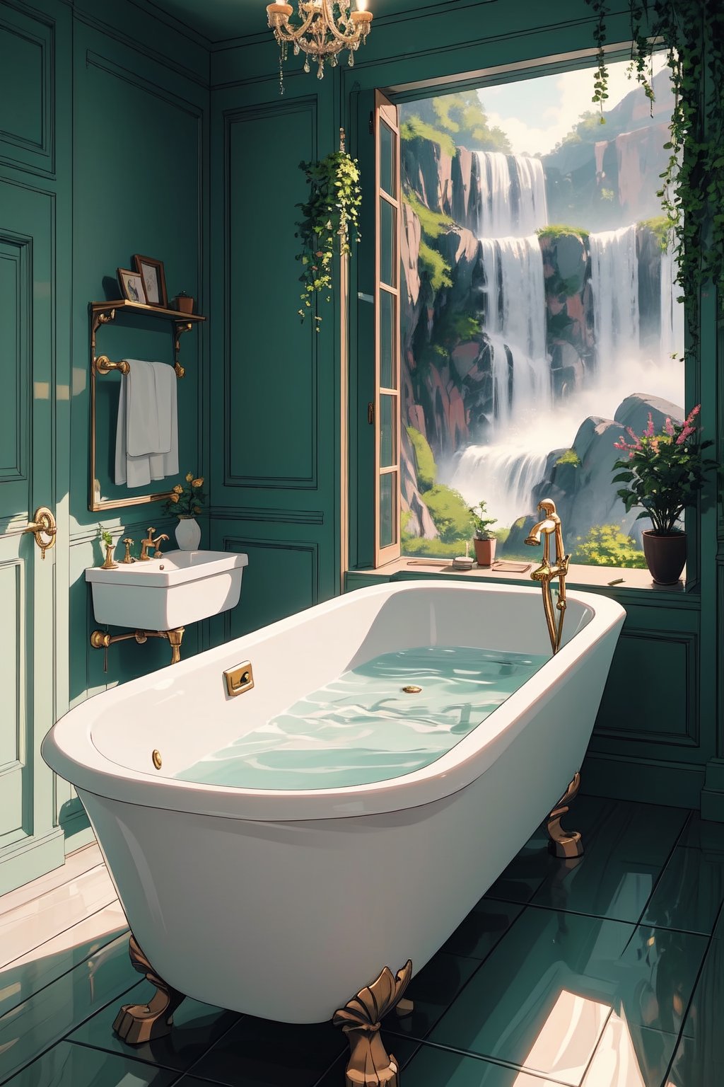 A large and airy bathroom with a freestanding bathtub in the center of the room. The bathtub is made of natural stone and has a built-in waterfall feature. The walls of the bathroom are covered in floor-to-ceiling windows, which offer stunning views of the surrounding forest. The bathroom is also decorated with lush plants and exotic flowers. The overall atmosphere of the bathroom is one of luxury, relaxation, and peace.