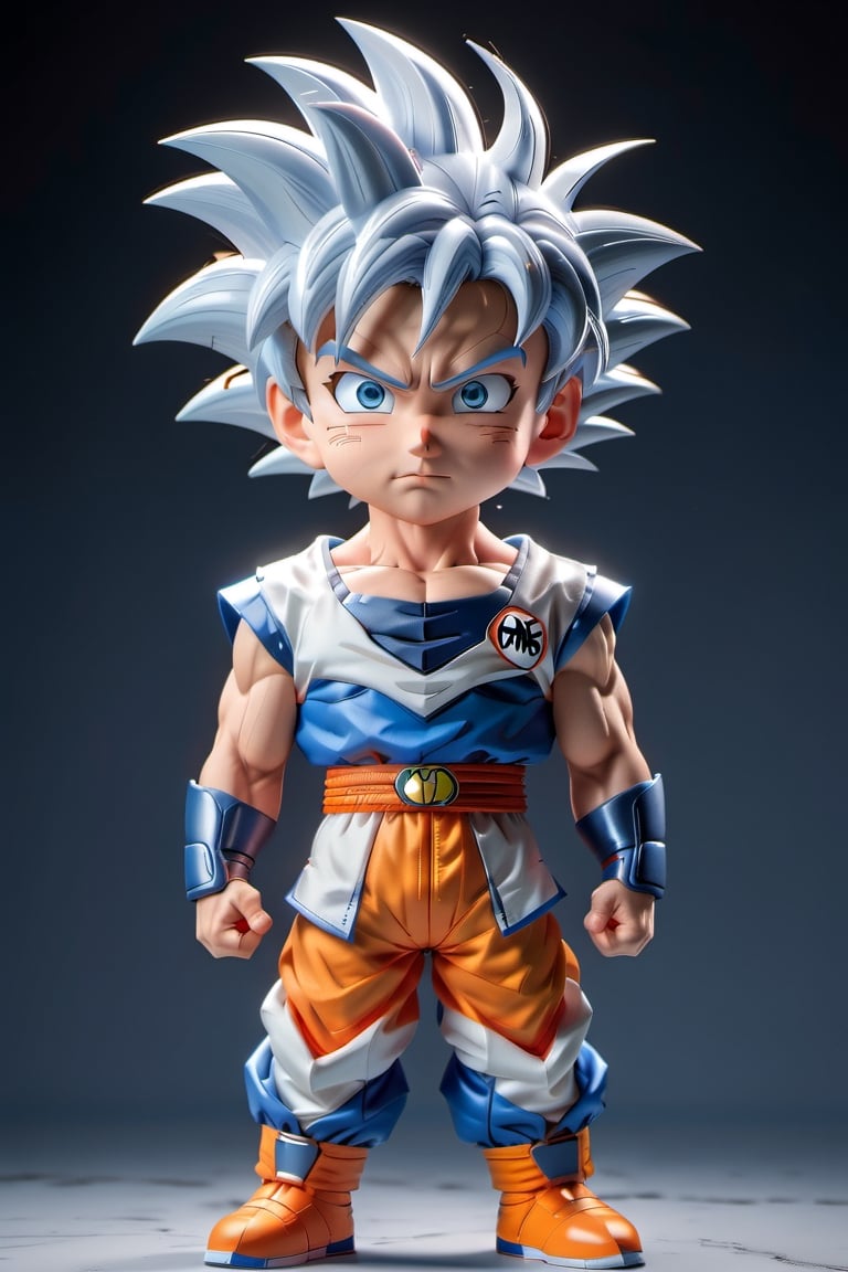 Highly detailed 3D models of Goku in a whtie blue batman suit, white, tiny, tiny, chibi style, whole body, Sharp focus, 8K wallpaper, Masterpiece,chibi,Chibi Style