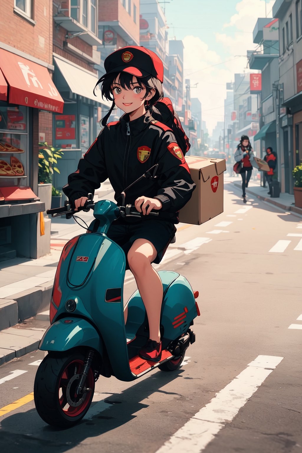 A young woman in a pizza delivery uniform, riding a scooter down a city street. She is carrying a large pizza box in her hand and is smiling at the people she passes. The scooter is bright red and has the pizza delivery company's logo on it. The city street is busy and bustling, but the pizza delivery girl is navigating it with ease. She is clearly enjoying her job and is proud to be delivering delicious pizzas to her customers.