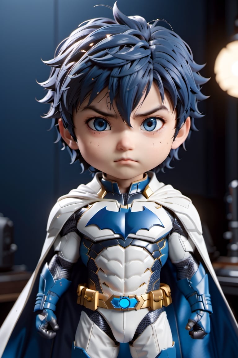 Highly detailed 3D models of Giyu Tomioka in a whtie blue batman suit, white, tiny, tiny, chibi style, whole body, Sharp focus, 8K wallpaper, Masterpiece,chibi,Chibi Style