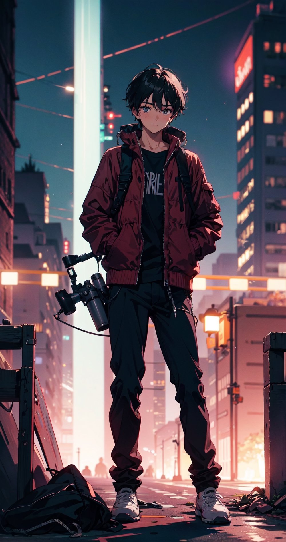 1boy with telescope, fujifilm camera, night city,epic photo