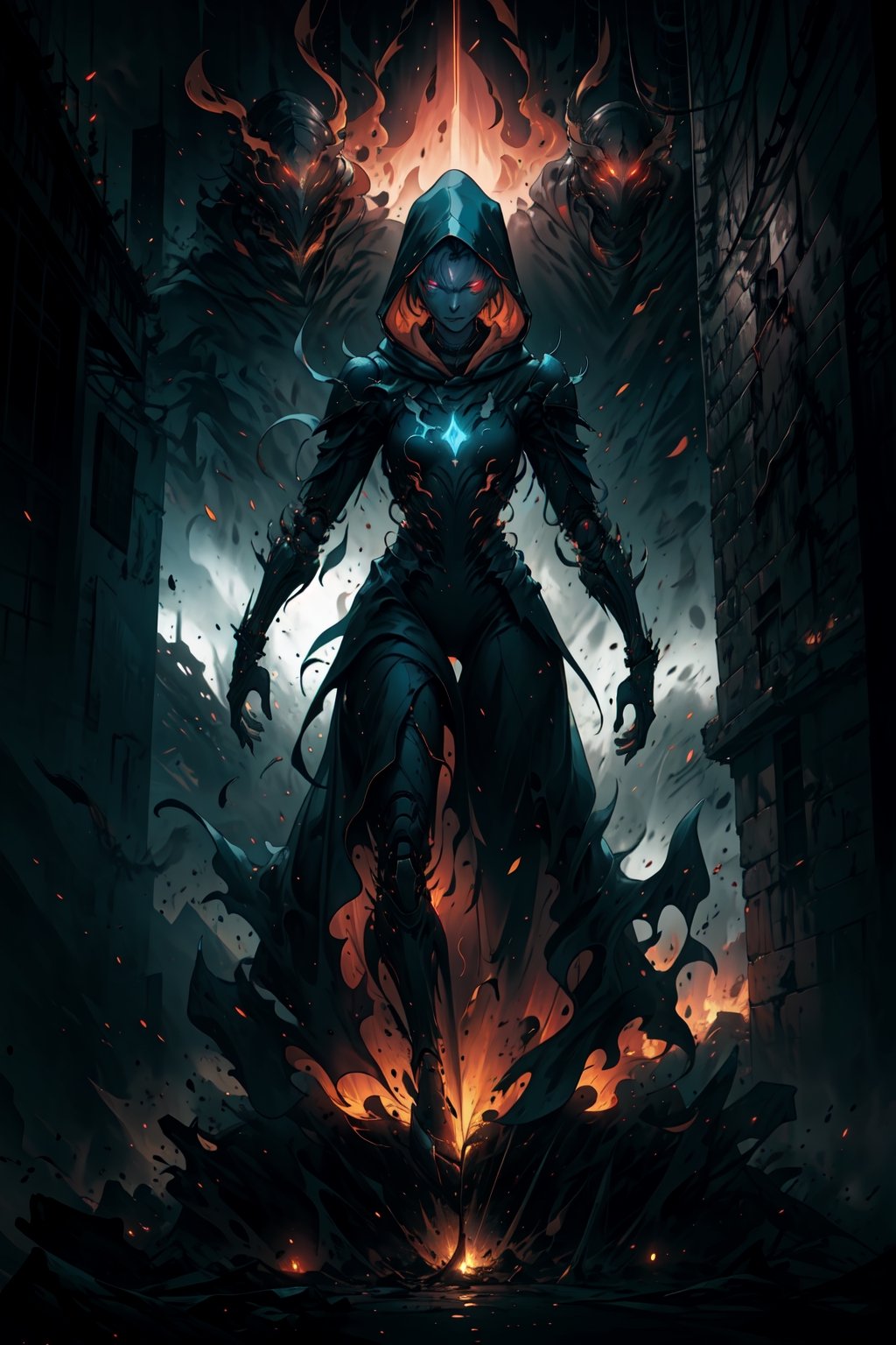 Create an image of a mechanized warlock in a dystopian city. The figure is clad in dark robes with a hood, glowing red eyes, and intricate armor that fuses technology and arcane symbols. The environment is dark, lit by the glow of the warlock's armor and the distant city lights. focus on high detail and contrast, with a balance between the fantastical elements and the grounded, realistic textures.,retro,android17,emma sekiro