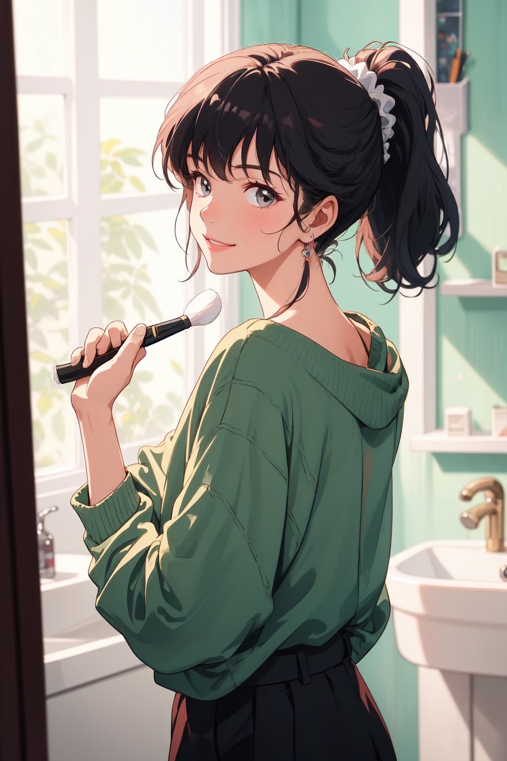 A close-up of a girl's face as she is doing a ponytail hairstyle. She is holding a ponytail holder in one hand and a brush in the other. She is looking at the mirror and smiling. The background is blurred, but you can see that she is standing in her bathroom.