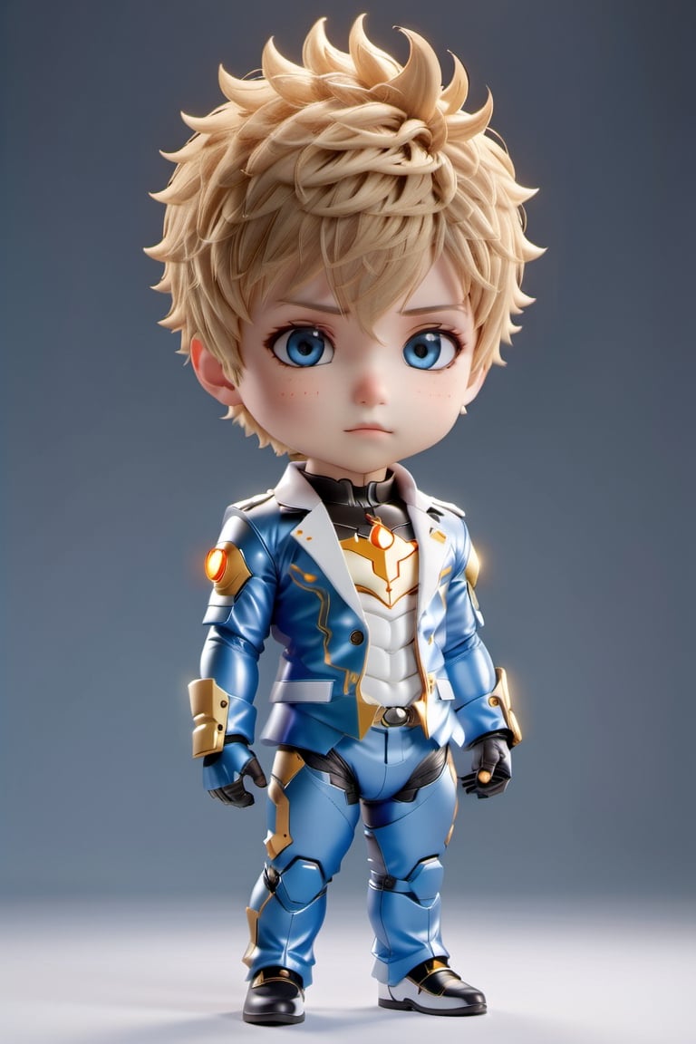 Highly detailed 3D models of Genos in a whtie blue suit, white, tiny, tiny, chibi style, whole body, Sharp focus, 8K wallpaper, Masterpiece,chibi,Chibi Style