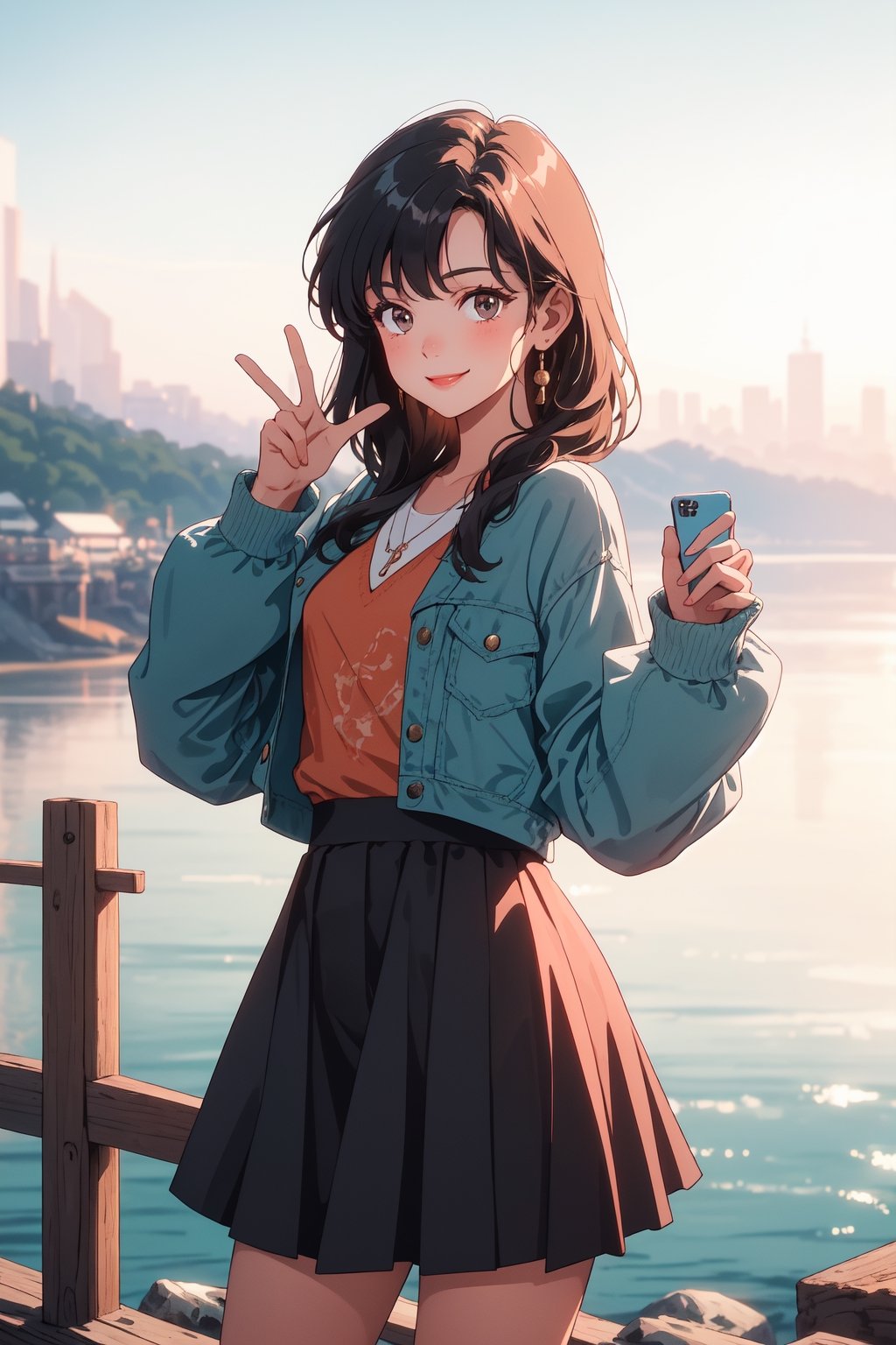 A young girl holding up her mobile phone and taking a selfie. She is smiling brightly and making a peace sign. She is wearing a cute outfit and her hair is styled in a trendy way. The background is a beautiful landscape, such as a beach, a park, or a city skyline.