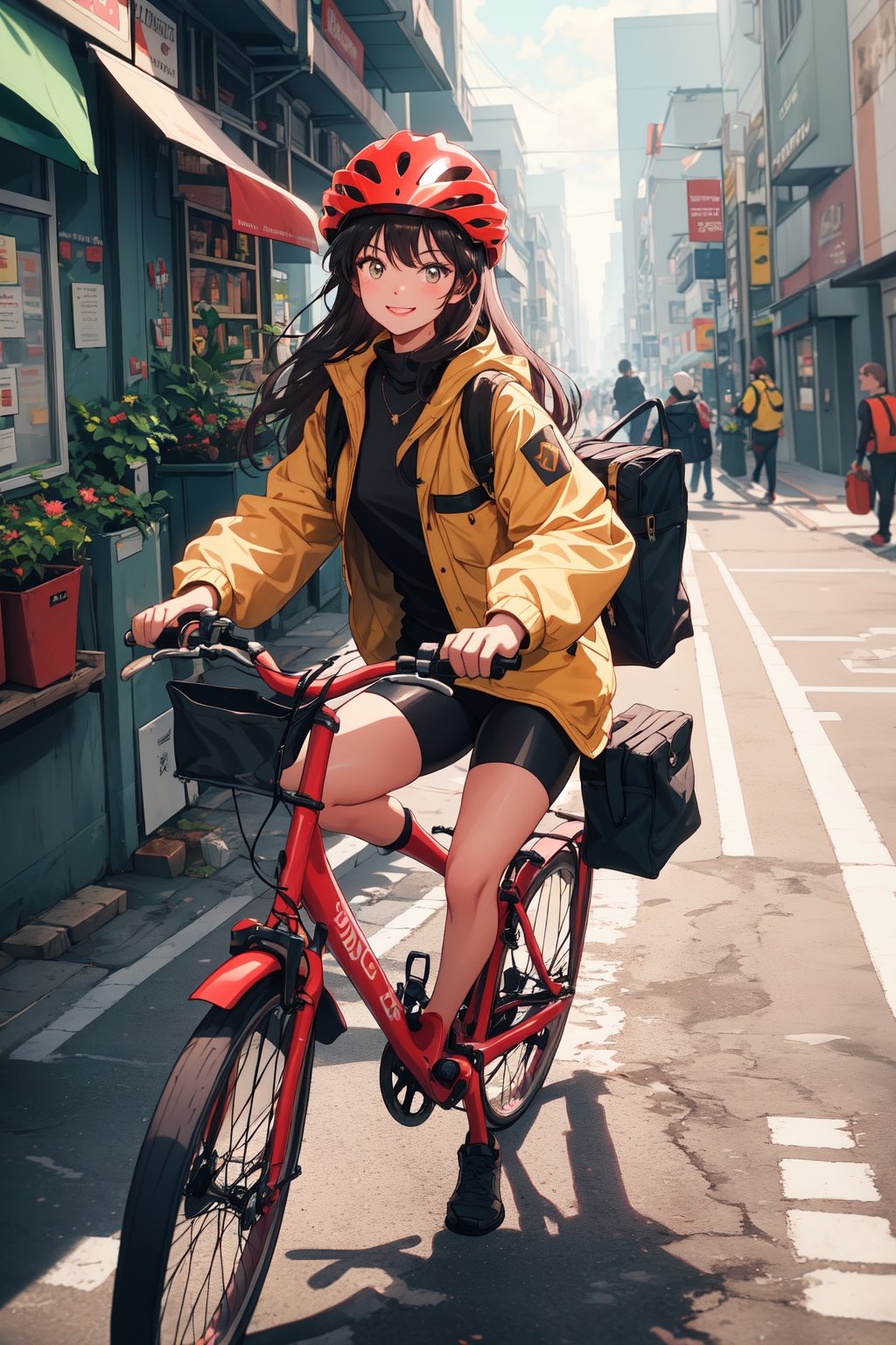 A young woman riding a bicycle down a city street, carrying a large delivery bag on her back. She is wearing a helmet and a bright yellow delivery jacket. She is smiling and waving to the people she passes. The street is busy and bustling, but the delivery girl is navigating it with ease. She is clearly enjoying her job and is proud to be providing a valuable service to her community.