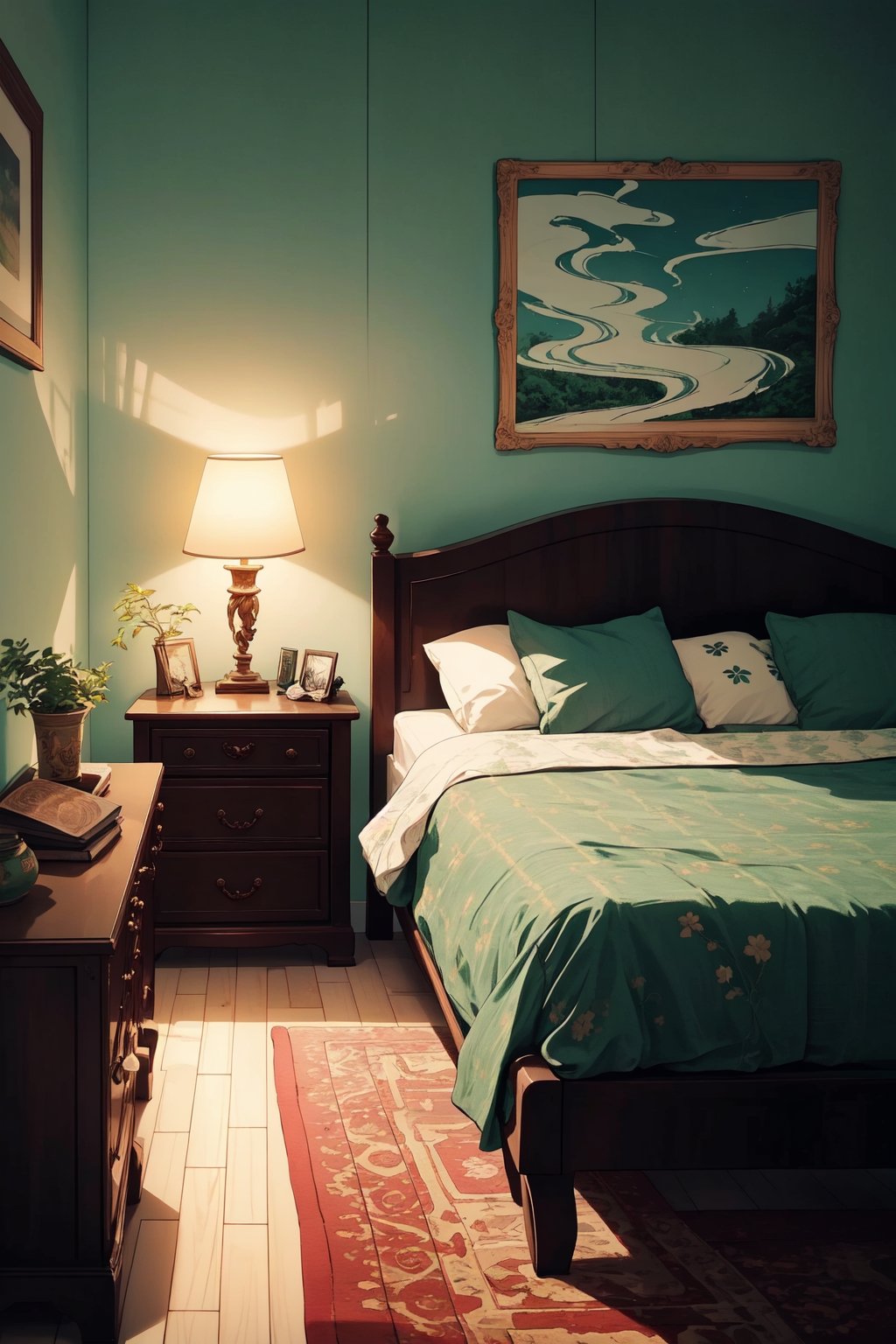 A bedroom with two bedside tables, each with a unique lampshade. The lamp on the left has a lampshade made of recycled paper, with a swirly design in shades of blue and green. The lamp on the right has a lampshade made of bamboo, with a delicate laser-cut pattern of flowers and leaves. The bedroom is lit by the soft glow of the two lamps, and the atmosphere is one of unique style and personality.