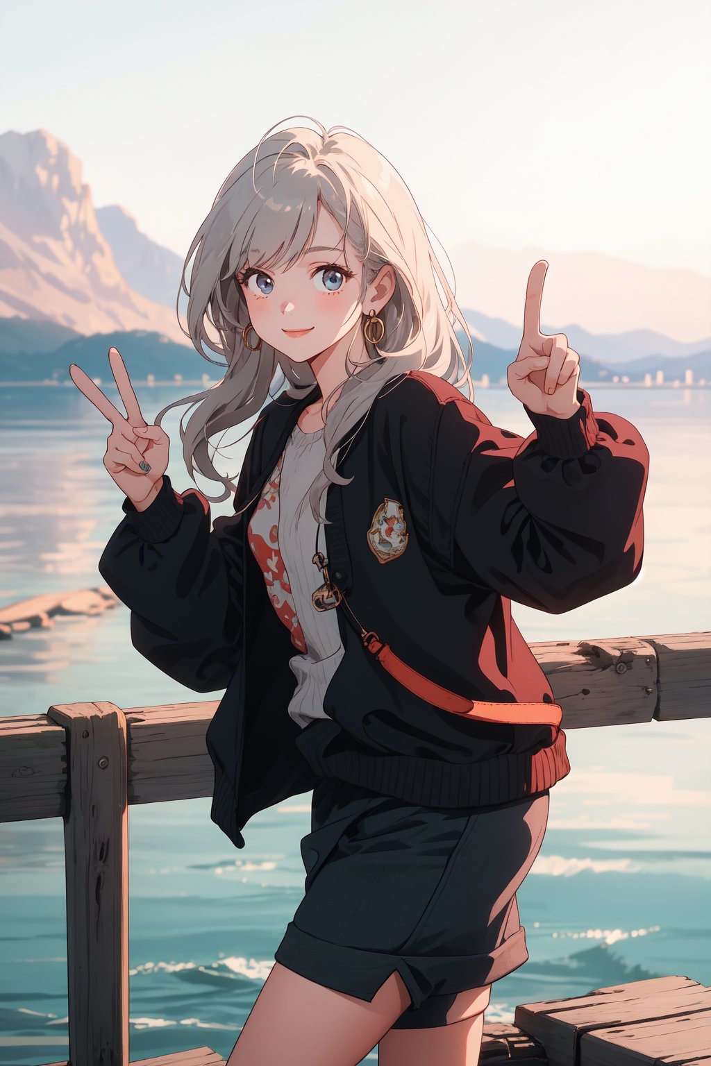 A young girl holding up her mobile phone and taking a selfie. She is smiling brightly and making a peace sign. She is wearing a cute outfit and her hair is styled in a trendy way. The background is a beautiful landscape, such as a beach, a park, or a city skyline.
