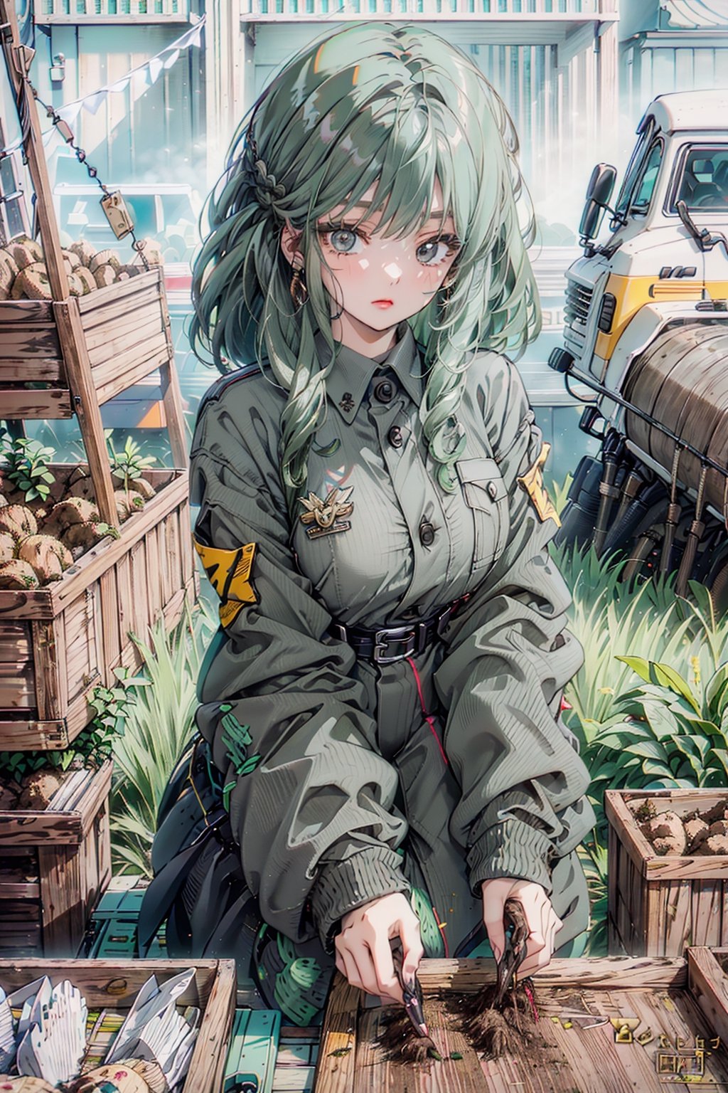 (green gray hair color) Create an artwork featuring a young girl in a fortified suit equipped with specialized mechanical parts and adaptable robot joints, assisting in agricultural tasks. Show her using the suit's abilities to plant, harvest, or care for animals on her family's farm.