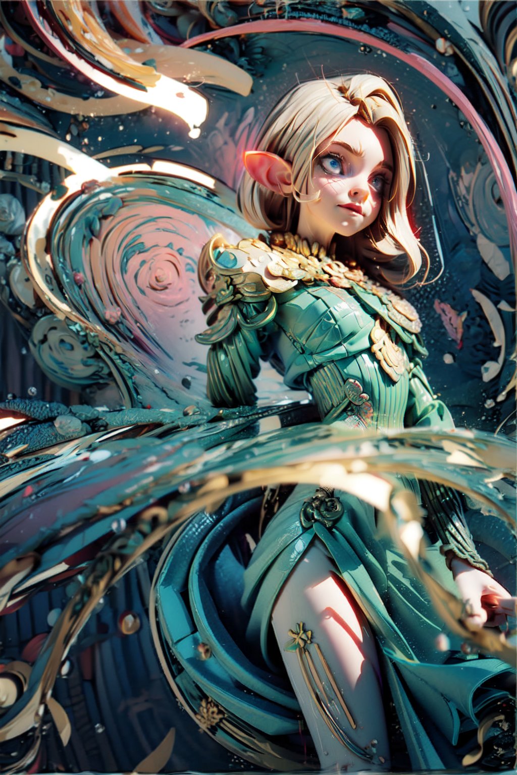 beautiful adult elf female wizard mage mystic monk shaman, sexy body, perfect face, casting spell, proportional hands,  mixed with technology , wearing lots of jewlery, wearing a detailed dress with water patterns, holographic arms floating besides her, vhs visual effect, glitch, matte painting, beautifuly detailed, swirl patterns, spiral patterns, chromatic_aberration,  through the looking glass, fantasy setting