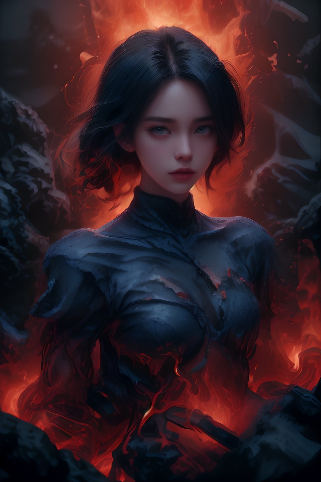 Cute woman, Adorable, cute face, Little sharp nose, ultra realistic, long black hair,full_body,Contour,blue eyes, Vector, dark Background, Detailed,Endanger,glossy lips, shrap face, ,fire dress, 8k, unreal engine,worldoffire,(blue:1.5),Detailedface,(red:1.5),<lora:659111690174031528:1.0>