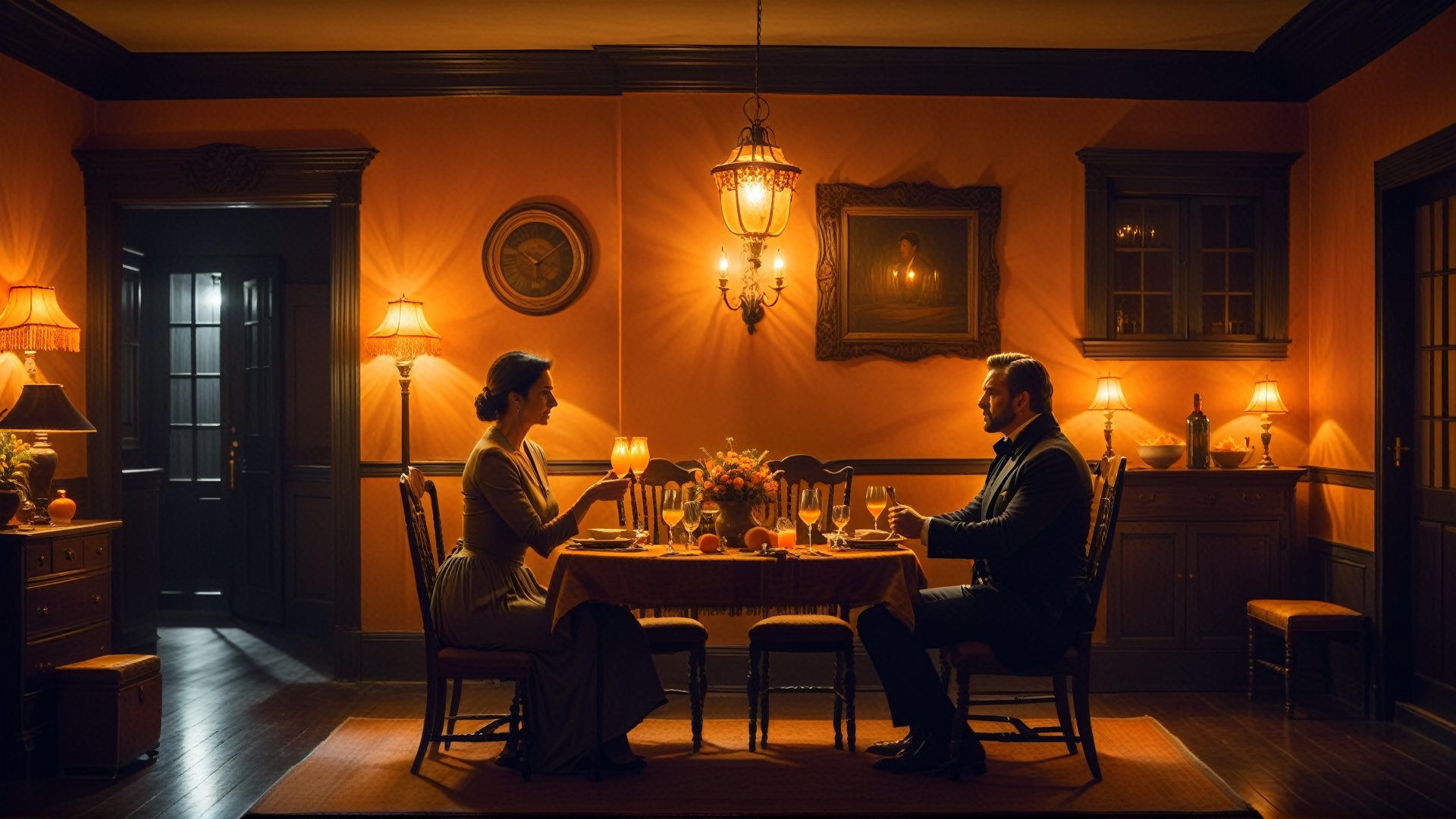 man in his fourties and a middle aged woman dinning inside of a colonial house, at midnight, with orange sodium lights, with cinematic lighting, seen from besides, more detail XL,more detail XL,donmcr33pyn1ghtm4r3xl  