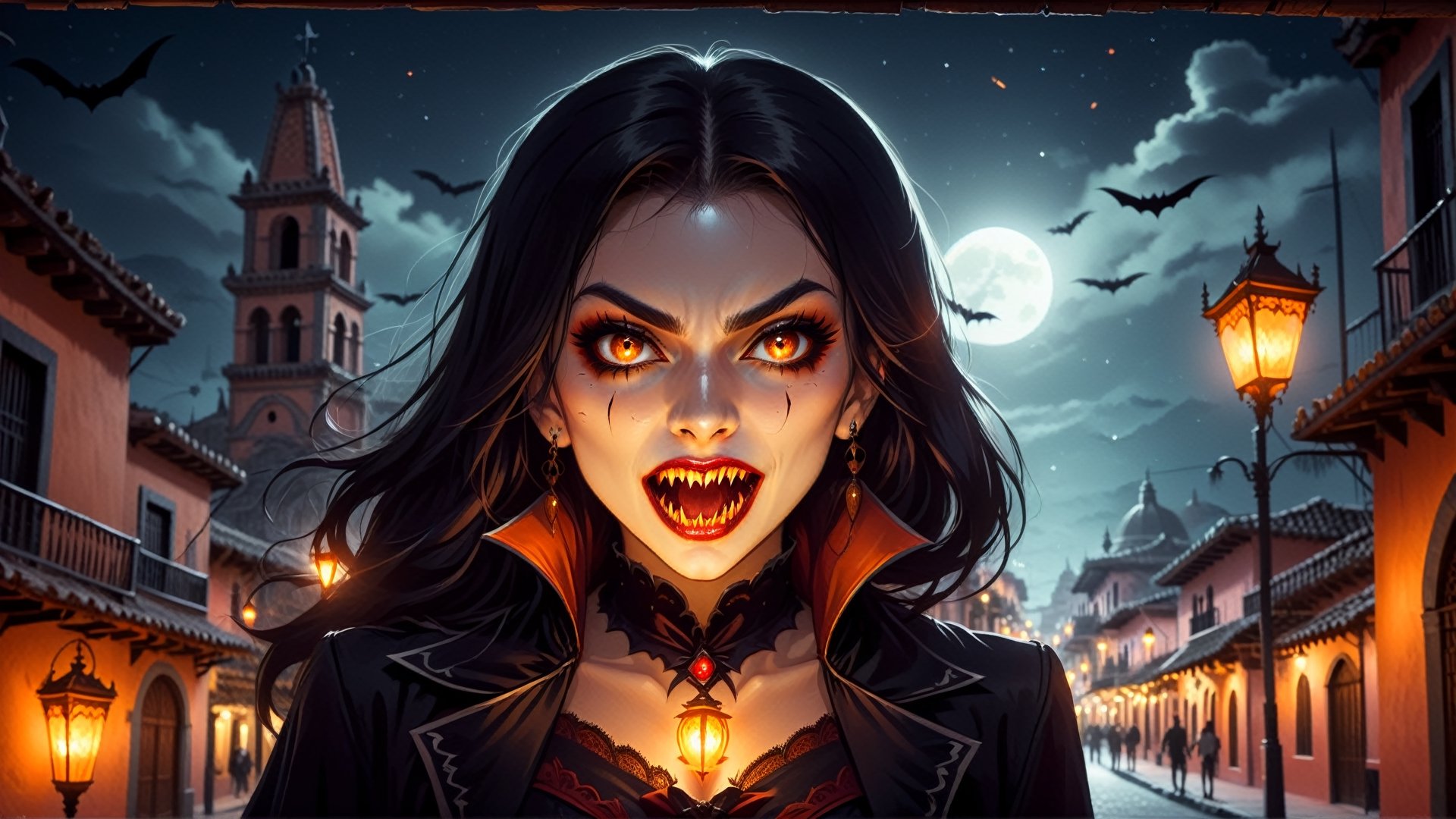 vampire girl with large pointy fangs, in the streets of a colonial Mexican city downtown, at midnight, orange sodium lights, with cinematic lighting, more detail XL,more detail XL,donmcr33pyn1ghtm4r3xl  