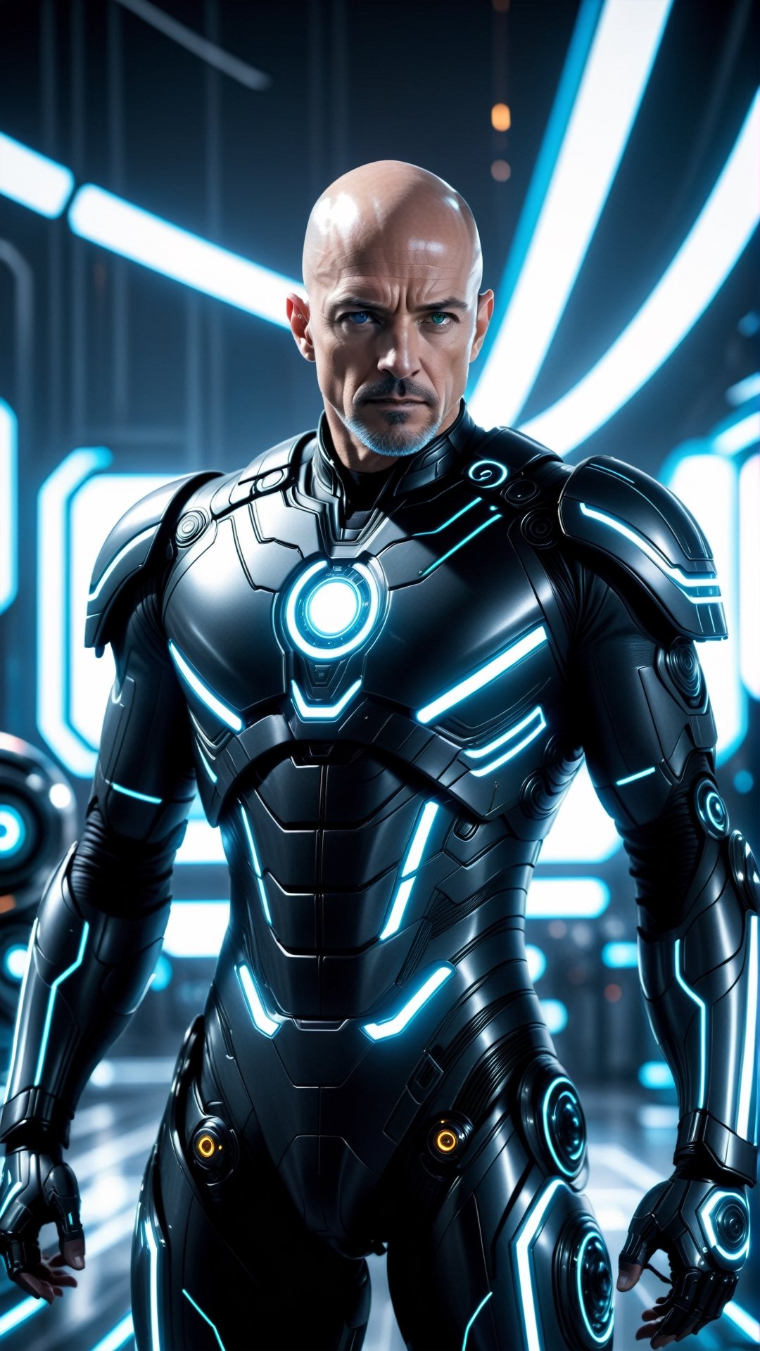 bald, muscular white man in his fifties, hazel eyes, dressed in TRON legacy style suit, with machines in the background, with cinematic lighting, extremely detailed. 8k,monster,cyborg style,cyborg,android,make_3d,Movie Still