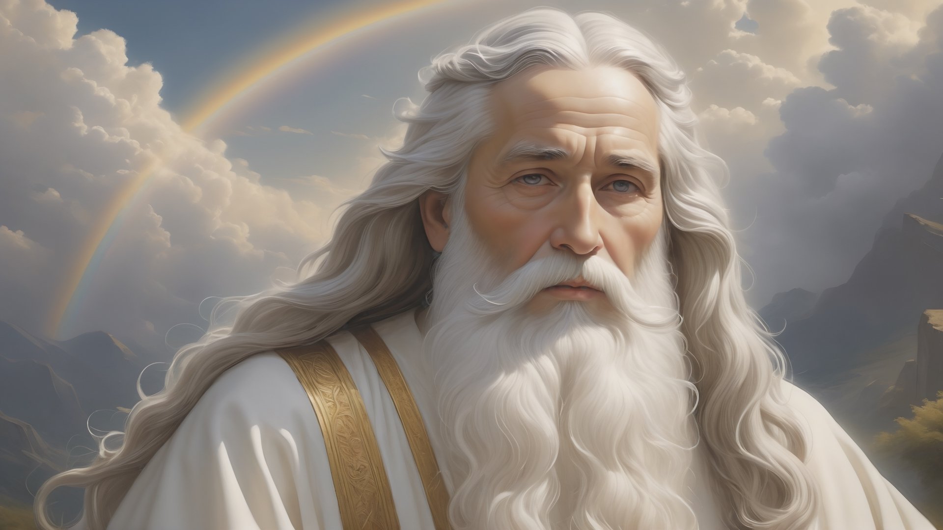 A majestic and serene representation of God the Father, as imagined in Christian art. Depict an elderly, dignified figure with a long, flowing white beard, ultrarealistic, 8k