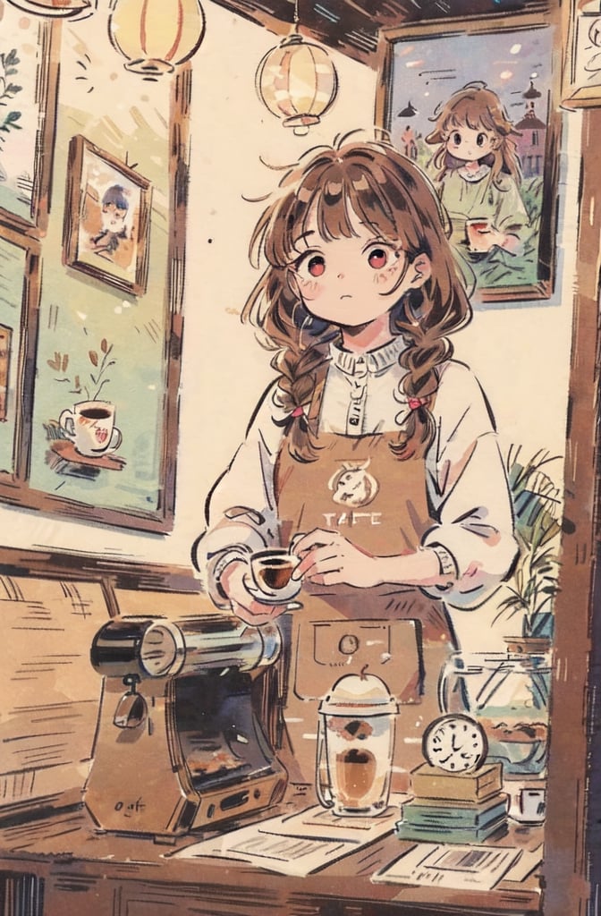 beautiful anime scene, detailed soft painting, vintagepaper, an painting in an indoor coffee shop, 1 girl, brown braid hair, glowing eyes, seller, making coffee, lineart