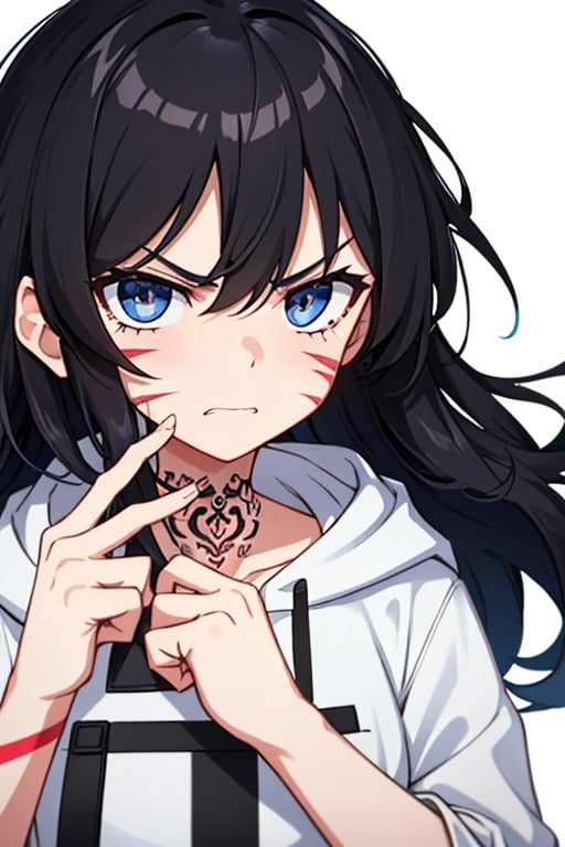 masterpiece, high quality, 8k,  black-hair, long_hair, big_hoodie, tattoos on  neck , bags_under_eyes, scars on hands, white_background , angry_face. hoodie covering hair