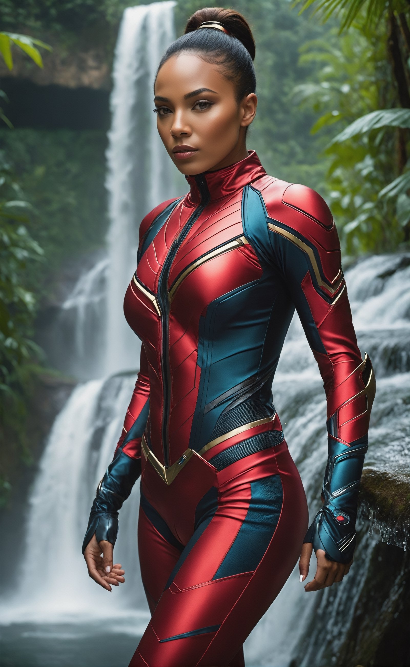 At the precipice of a lush, futuristic jungle, a superlatively athletic woman commands attention in a strikingly detailed photorealistic portrayal. Donned in a sleek and technologically advanced crimson suit reminiscent of the Black Panther's, she exudes strength and grace. The form-fitting ensemble accentuates her toned physique, seamlessly blending with the contours of her body. The reflective surfaces of the futuristic fabric catch the ambient light, creating a subtle yet mesmerizing play of highlights and shadows. Her athletic prowess is showcased as she confidently stands on the edge of a colossal waterfall, the cascading water creating a dynamic backdrop. The vibrant hues of the jungle foliage amplify the intensity of the scene, while the futuristic elements of her suit suggest a seamless integration of advanced technology with natural surroundings. This photorealistic image captures the essence of a powerful and futuristic female warrior in a visually stunning setting, ready to embark on a thrilling adventure.