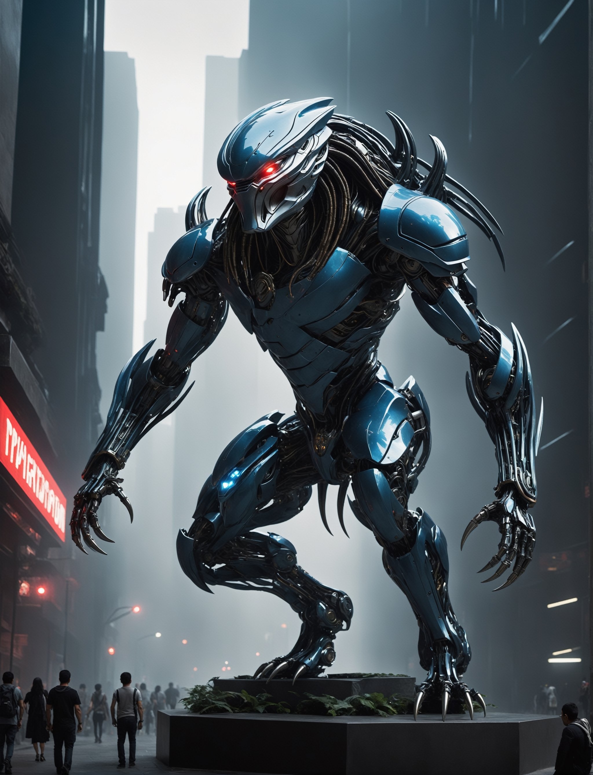 Amidst the teeming chaos of the city, the predator moves with an eerie grace, its senses honed to a razor-sharp edge as it tracks its prey through the labyrinthine streets. Unnoticed amidst the throngs of pedestrians, its presence is a phantom amidst the cacophony of urban life.

In the vast expanse of a distant, alien world, a figure emerges from the shadows with an otherworldly aura. This is no ordinary predator; it is a mechanical marvel, crafted from gleaming steel and pulsating with an ethereal glow of soft, celestial blue.

Standing tall and imposing, its metallic frame exudes an air of formidable strength and power. Every contour and detail of its form is meticulously designed, from the intricate patterns etched into its armor to the sleek lines that define its silhouette. Though its appearance is undeniably alien, there is a sense of elegance and grace in its design, a testament to the advanced technology that birthed this mechanical marvel.

As it moves with fluid precision through the dense jungle terrain, the mechanical predator emits a soft hum, the sound of its internal mechanisms working in perfect harmony. Its movements are calculated and deliberate, betraying the advanced artificial intelligence that drives its actions.

Adorned with pulsating lights that cast a gentle blue glow upon its surroundings, the mechanical predator cuts a striking figure amidst the verdant landscape. Though its origins may be shrouded in mystery, there is no denying the sense of awe and reverence inspired by its presence.

In this alien world, the mechanical predator is a force to be reckoned with, a silent guardian of its domain. Whether friend or foe, none can deny the sheer majesty and power of this celestial sentinel, a testament to the boundless possibilities of technology and innovation.