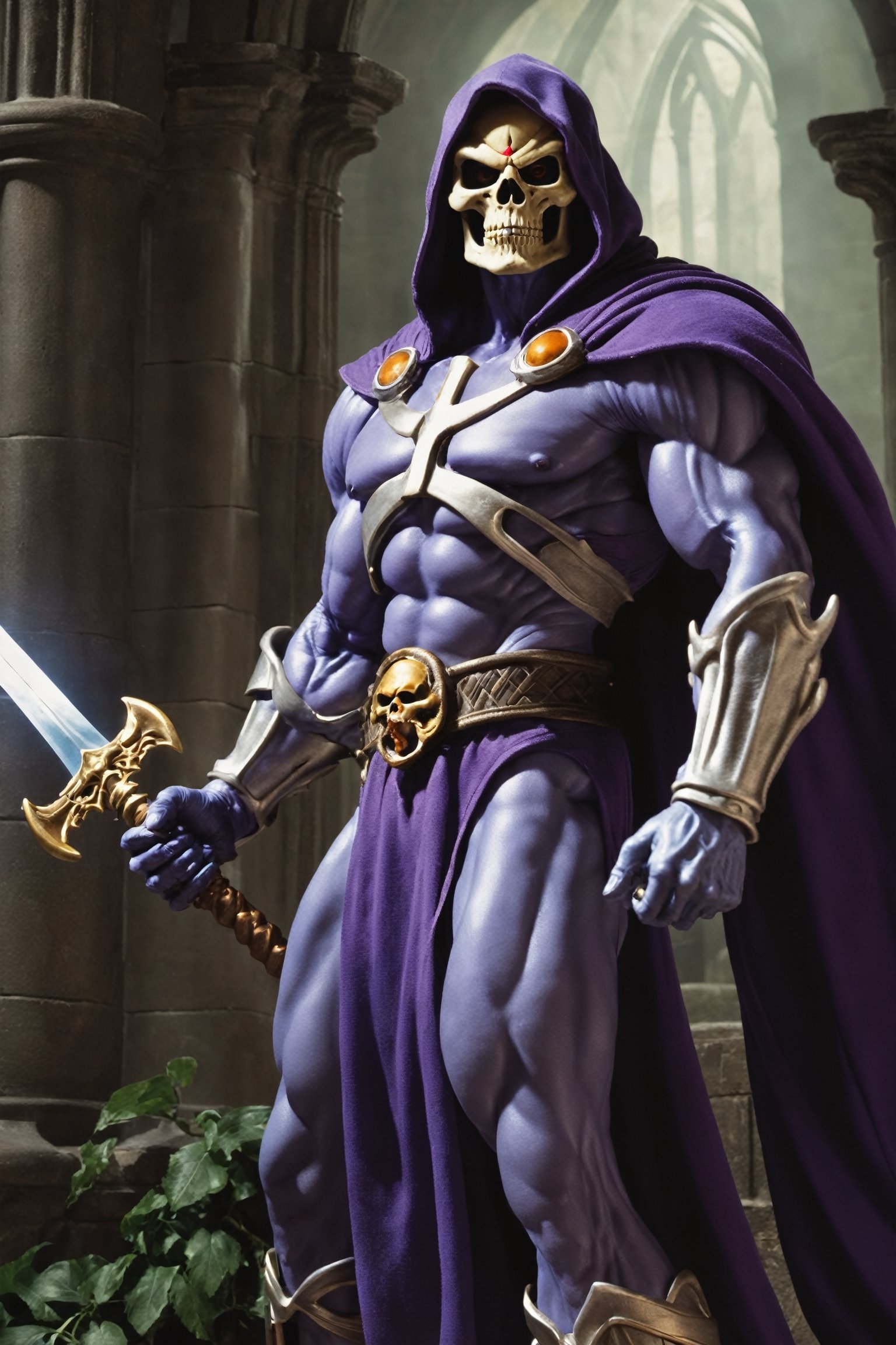 Skeletor, draped in dark necromantic attire, commands the powers of the afterlife. His muscular form is adorned with skeletal motifs, and his gauntleted hands wield a Havoc Staff imbued with dark energy. Skeletor's relentless pursuit of Castle Grayskull is driven by an undying thirst for power and domination.