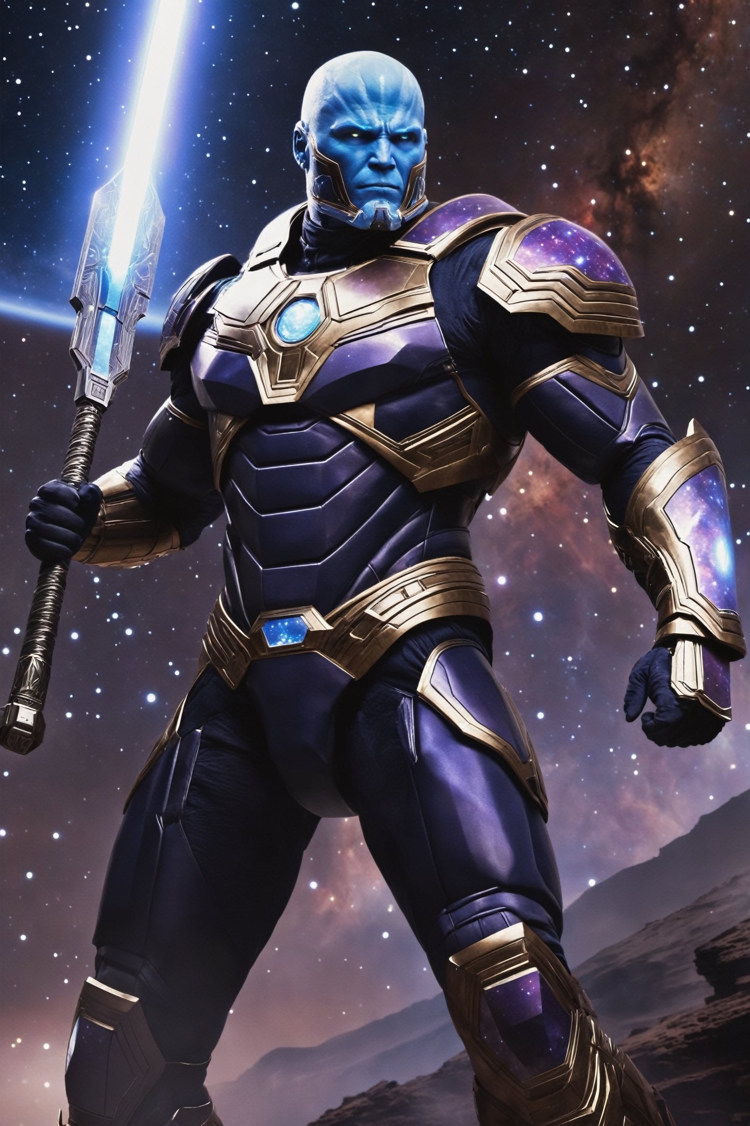 Nebula Titan, a muscular cosmic warrior, combines the strength of a titan with the advanced technology of a space explorer. Adorned in a futuristic suit with celestial patterns, Nebula Titan wields a colossal energy hammer, smashing through enemies in the vast expanse of the galaxy.