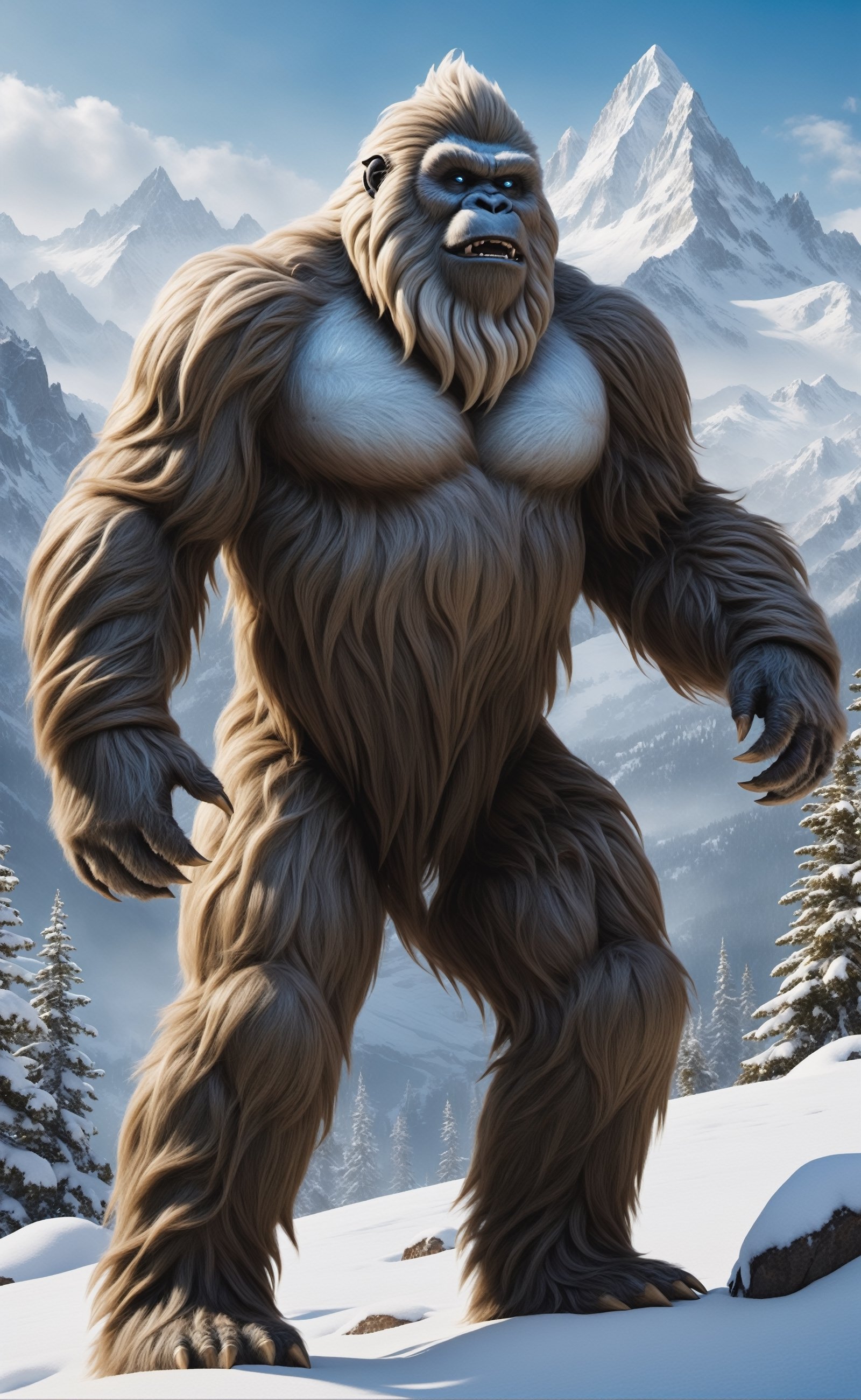 Amidst the towering peaks of a majestic mountain range, a photorealistic depiction of the mythical creature known as the Yeti comes to life. Against a backdrop of pristine snow-covered slopes and craggy cliffs, the enigmatic beast stands upright, covered in a thick, frosty fur that perfectly camouflages it in its wintry habitat. The creature's powerful frame is defined by sinewy muscles beneath its fur, and its large, clawed feet leave deep imprints in the snow as it navigates the rugged terrain. The Yeti's face is characterized by piercing eyes that peer out from beneath a fur-covered brow, emanating an air of mystery and ancient wisdom. Wisps of icy breath escape its formidable jaws, creating a tangible sense of the frigid mountain air. This photorealistic portrayal captures the mythical Yeti in its natural alpine environment, a silent and elusive guardian of the snow-capped peaks, shrouded in the aura of legend and the quiet majesty of the mountains.