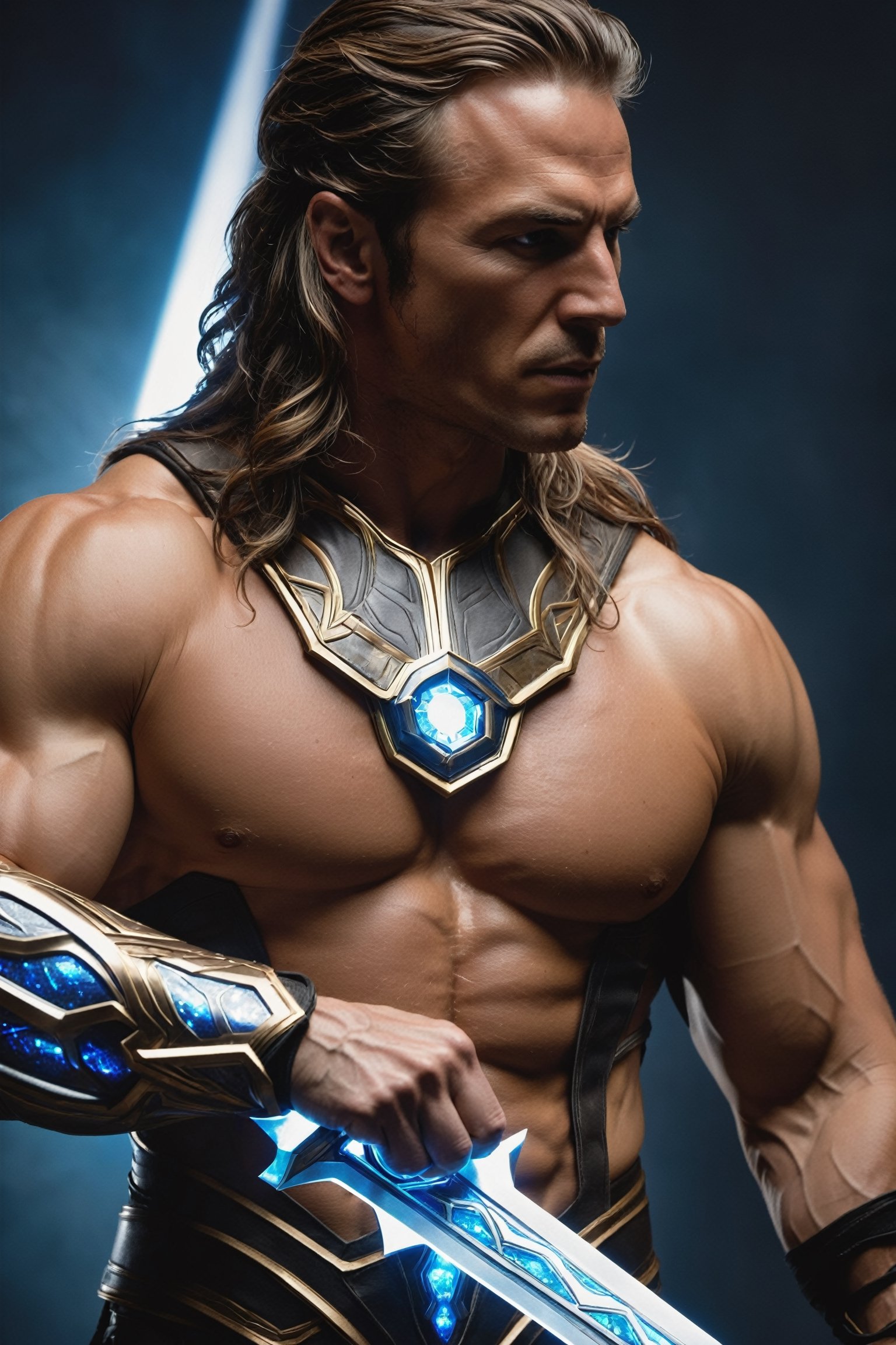 Quantum Mageblade, a towering figure with bulging muscles, seamlessly melds futuristic technology with mystical sorcery. Wielding a shimmering energy sword, Quantum Mageblade harnesses the power of quantum magic to cut through both physical and metaphysical barriers, defending the realms from futuristic threats.