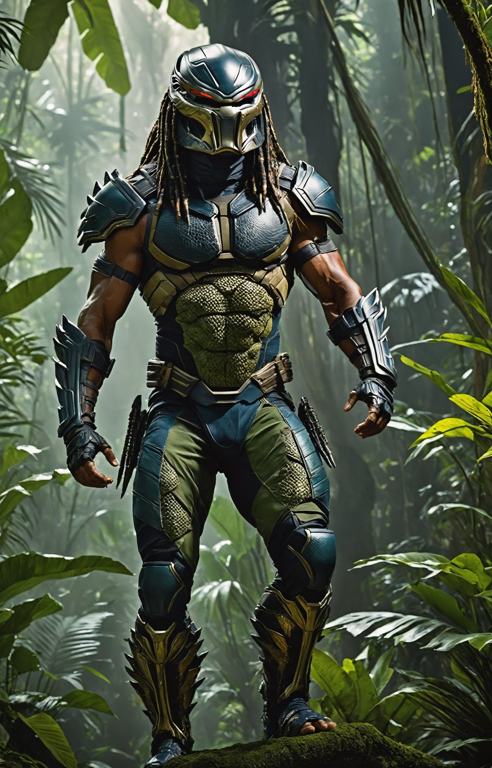 Amidst the dense, otherworldly foliage of a lush extraterrestrial jungle, the fearsome Yautja warrior, known as the Predator, emerges as the apex hunter in a riveting cinematic scene. Towering over the alien landscape, the Predator's hulking, heavily armored physique is cloaked in a mesh of advanced technology and natural camouflage. Its iconic mandibles extend menacingly from its reptilian-like face, revealing the creature's predatory intent. The creature's skin, adorned with tribal scars and hints of shimmering luminescence, adds an air of mystique to its formidable presence. In one hand, the Predator firmly grips a sleek, otherworldly plasma caster, ready to unleash devastating energy at its prey. The jungle canopy above is disturbed by the displacement of air caused by the Predator's cloaked form, creating an eerie distortion of light and shadows. The extraterrestrial atmosphere is palpable as the hunter becomes one with the environment, embodying the perfect blend of stealth, advanced weaponry, and primal instinct that defines this iconic cinematic character.,LegendDarkFantasy