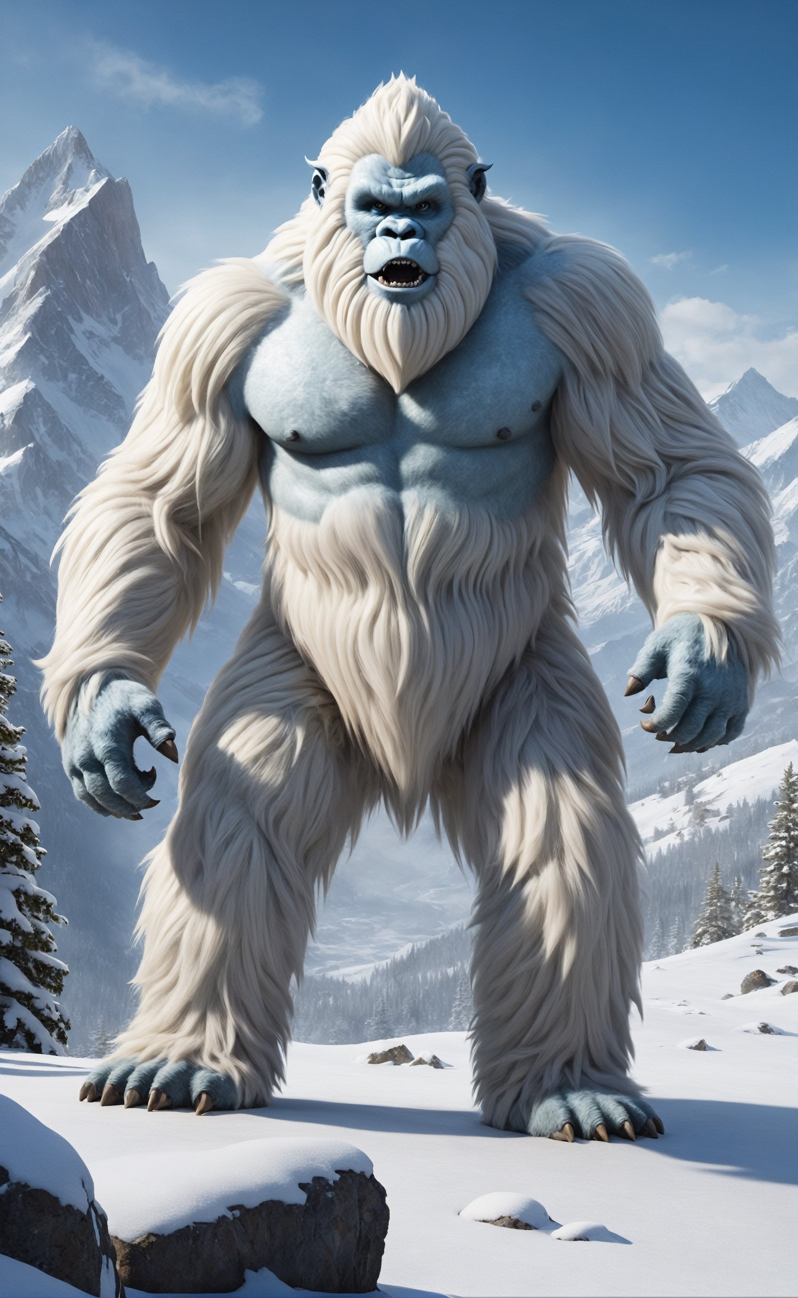 Amidst the towering peaks of a majestic mountain range, a photorealistic depiction of the mythical creature known as the Yeti comes to life. Against a backdrop of pristine snow-covered slopes and craggy cliffs, the enigmatic beast stands upright, covered in a thick, frosty fur that perfectly camouflages it in its wintry habitat. The creature's powerful frame is defined by sinewy muscles beneath its fur, and its large, clawed feet leave deep imprints in the snow as it navigates the rugged terrain. The Yeti's face is characterized by piercing eyes that peer out from beneath a fur-covered brow, emanating an air of mystery and ancient wisdom. Wisps of icy breath escape its formidable jaws, creating a tangible sense of the frigid mountain air. This photorealistic portrayal captures the mythical Yeti in its natural alpine environment, a silent and elusive guardian of the snow-capped peaks, shrouded in the aura of legend and the quiet majesty of the mountains.