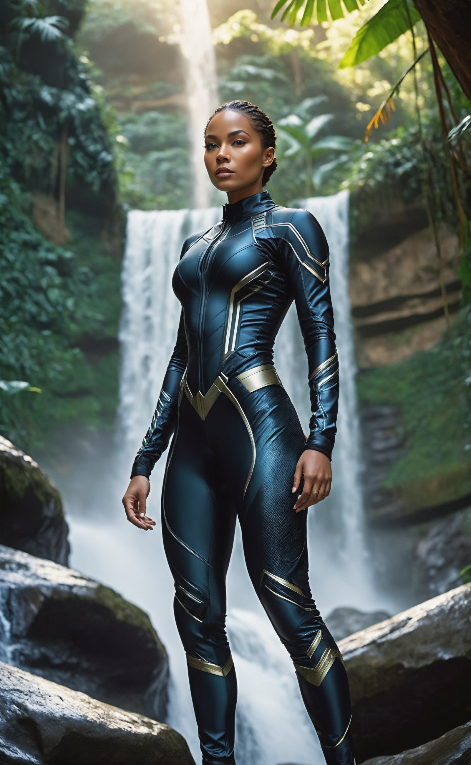 At the precipice of a lush, futuristic jungle, a superlatively athletic woman commands attention in a strikingly detailed photorealistic portrayal. Donned in a sleek and technologically advanced crimson suit reminiscent of the Black Panther's, she exudes strength and grace. The form-fitting ensemble accentuates her toned physique, seamlessly blending with the contours of her body. The reflective surfaces of the futuristic fabric catch the ambient light, creating a subtle yet mesmerizing play of highlights and shadows. Her athletic prowess is showcased as she confidently stands on the edge of a colossal waterfall, the cascading water creating a dynamic backdrop. The vibrant hues of the jungle foliage amplify the intensity of the scene, while the futuristic elements of her suit suggest a seamless integration of advanced technology with natural surroundings. This photorealistic image captures the essence of a powerful and futuristic female warrior in a visually stunning setting, ready to embark on a thrilling adventure.