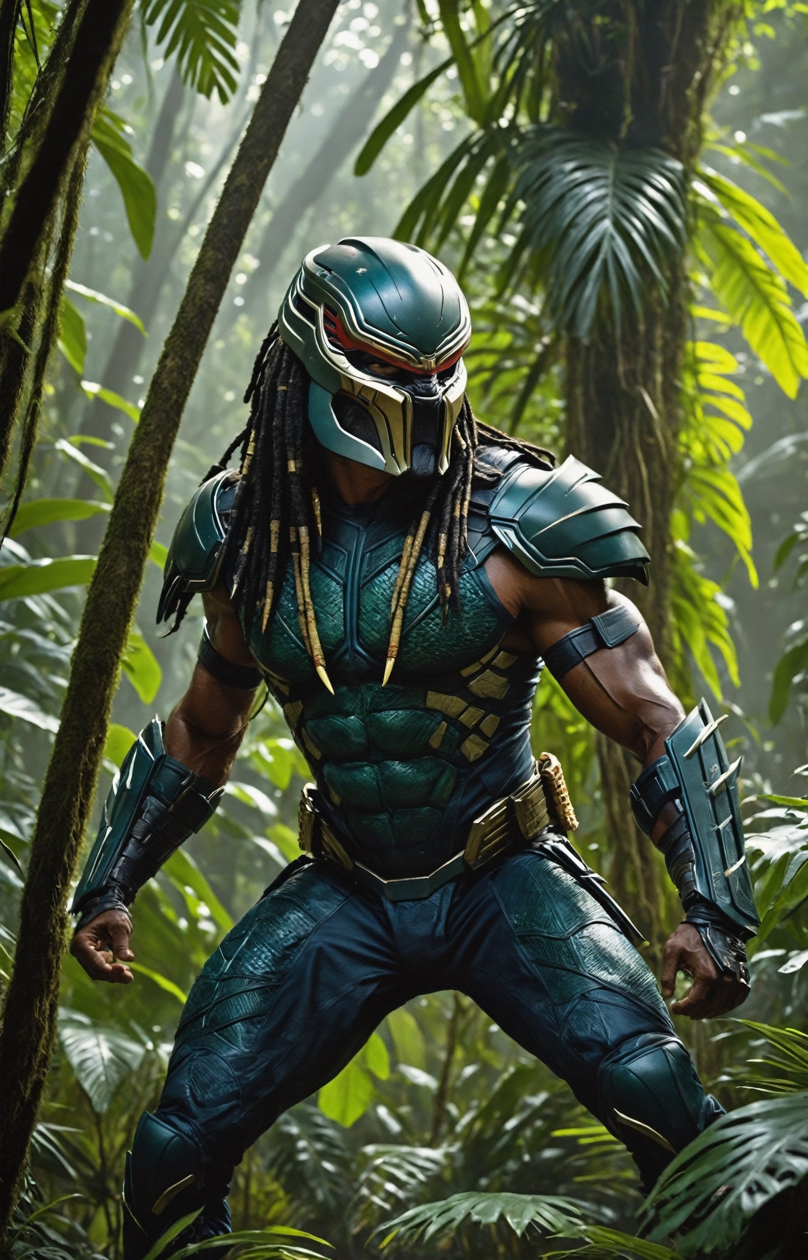 Amidst the dense, otherworldly foliage of a lush extraterrestrial jungle, the fearsome Yautja warrior, known as the Predator, emerges as the apex hunter in a riveting cinematic scene. Towering over the alien landscape, the Predator's hulking, heavily armored physique is cloaked in a mesh of advanced technology and natural camouflage. Its iconic mandibles extend menacingly from its reptilian-like face, revealing the creature's predatory intent. The creature's skin, adorned with tribal scars and hints of shimmering luminescence, adds an air of mystique to its formidable presence. In one hand, the Predator firmly grips a sleek, otherworldly plasma caster, ready to unleash devastating energy at its prey. The jungle canopy above is disturbed by the displacement of air caused by the Predator's cloaked form, creating an eerie distortion of light and shadows. The extraterrestrial atmosphere is palpable as the hunter becomes one with the environment, embodying the perfect blend of stealth, advanced weaponry, and primal instinct that defines this iconic cinematic character.,LegendDarkFantasy