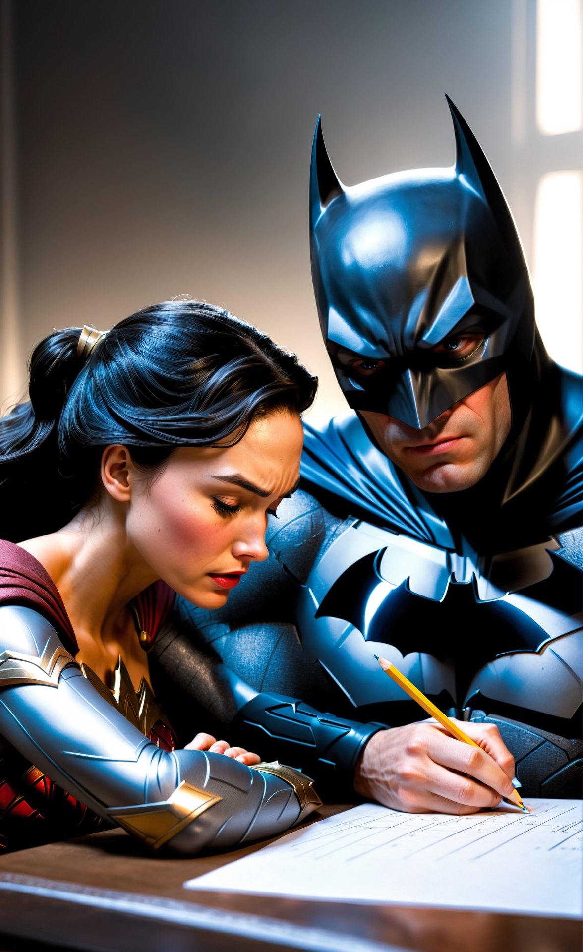Create a 8k, photo realistic image of Batman trying to do math but math is hard and he is crying at the table over the pencil and paper. Have Wonder Woman behind him with her hand on his shoulder as she try's to comfort her friend.