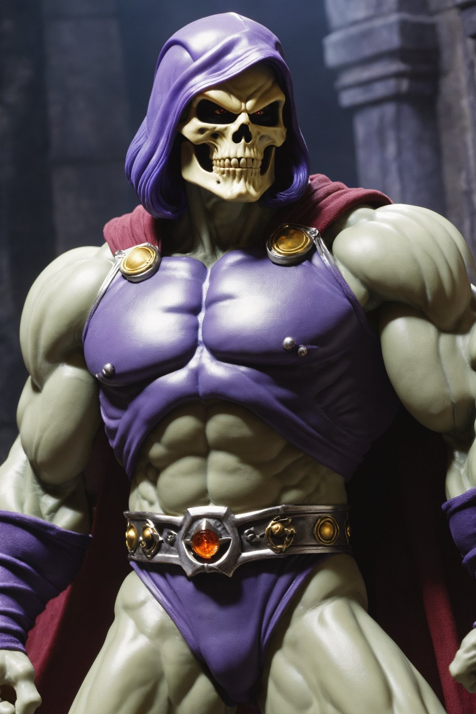 A mastermind of malevolence, Skeletor's muscular stature strikes fear into the hearts of his enemies. His bony countenance grins with wicked satisfaction as he schemes within the dark chambers of Castle Grayskull. Skeletor's malefic plans are backed by his mastery of dark arts, making him an enduring threat to the realms of good.