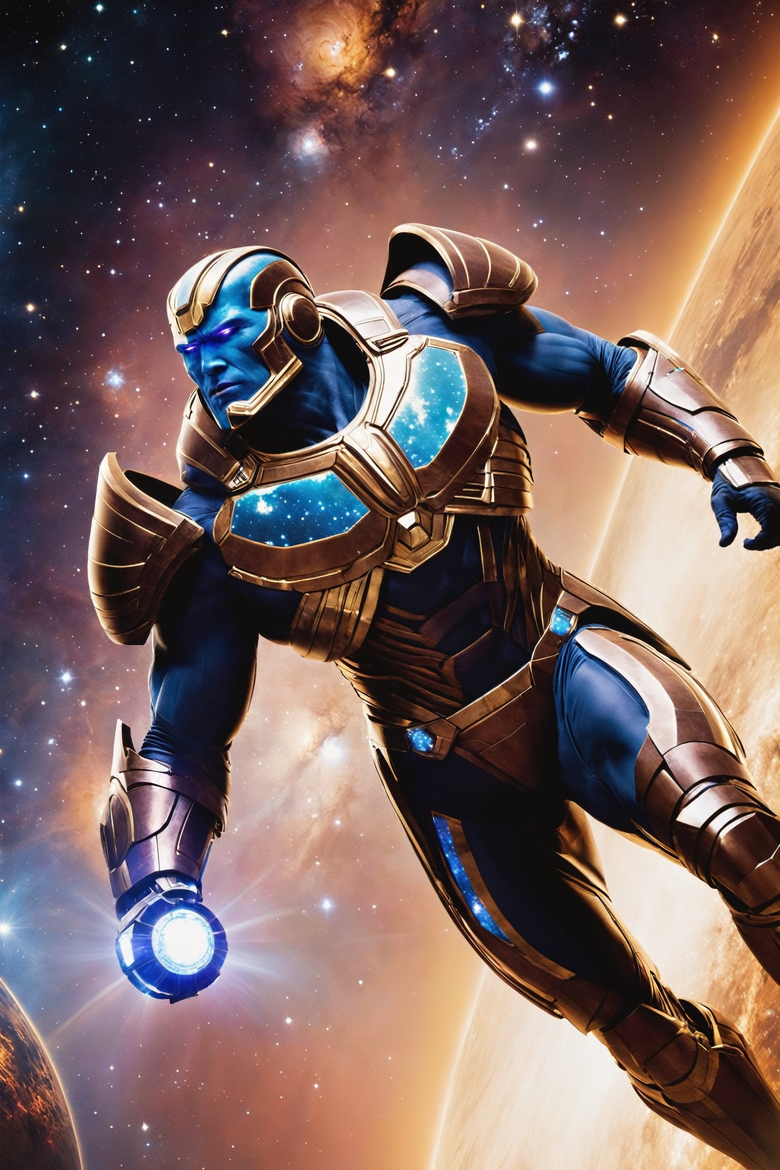 Nebula Titan, a muscular cosmic warrior, combines the strength of a titan with the advanced technology of a space explorer. Adorned in a futuristic suit with celestial patterns, Nebula Titan wields a colossal energy hammer, smashing through enemies in the vast expanse of the galaxy.