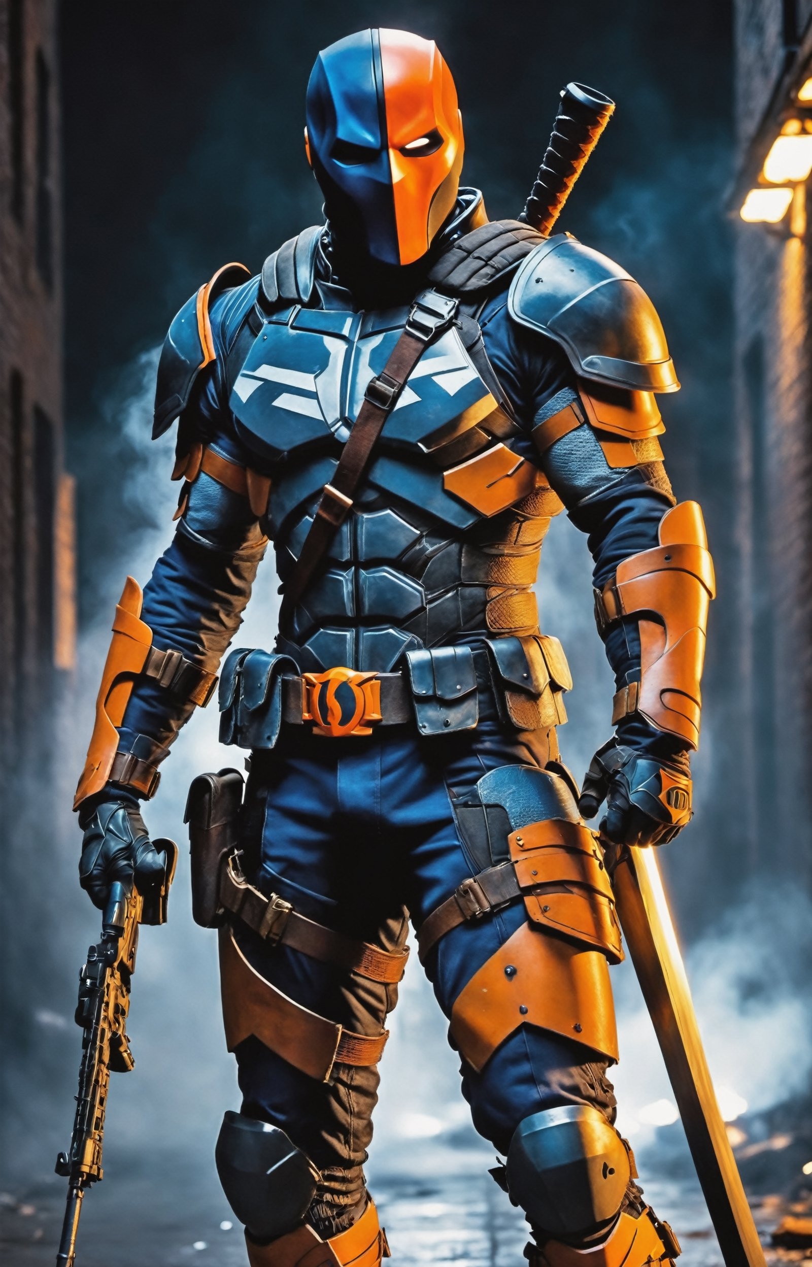 In a dimly lit alley, a portrait of legendary DC anti-hero Deathstroke comes to life with grim intensity. The mercenary stands stoically, bathed in the harsh glow of a lone lantern, casting sharp shadows across the jagged contours of his battle-worn armor. His helmet exudes a menacing aura, revealing only a piercing, cold gaze that speaks volumes about a lifetime of war. The metallic sheen of his orange and blue armor reflects ambient light, telling stories of countless battles and close encounters. Strands of white hair protrude from the edges of the mask, adding an aura of mature wisdom to the formidable face. The faint glow of a cigar between clenched teeth releases thin wisps of smoke, adding an element of gruff determination to this portrait of a complex and enigmatic DC character. 8K, Full body