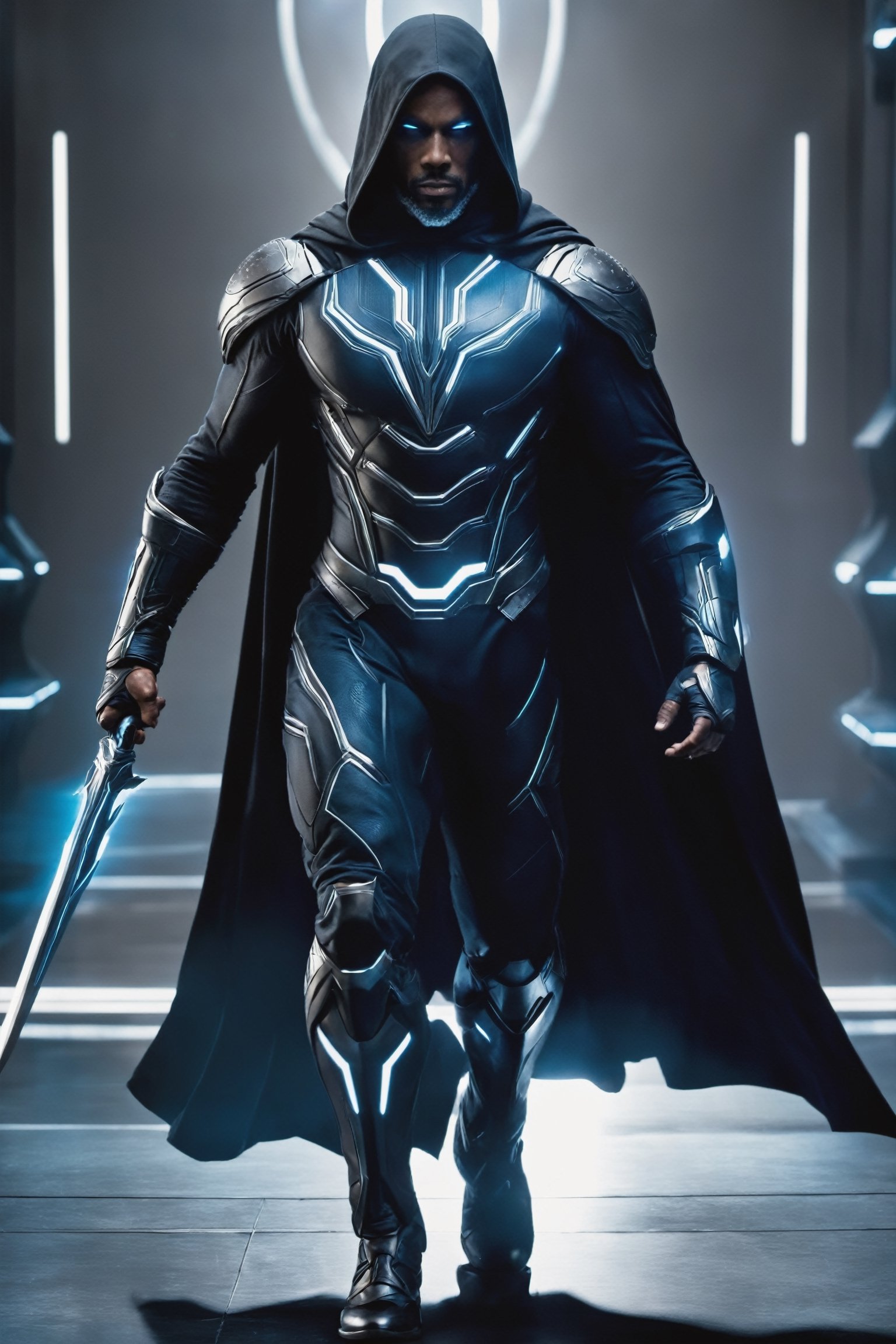 Quantum Revenant, a formidable figure with sculpted muscles, merges the essence of a spectral warrior with advanced quantum technology. Cloaked in a futuristic suit adorned with spectral energy, Quantum Revenant wields a plasma-infused sword, cutting through the fabric of reality to defend against otherworldly threats.