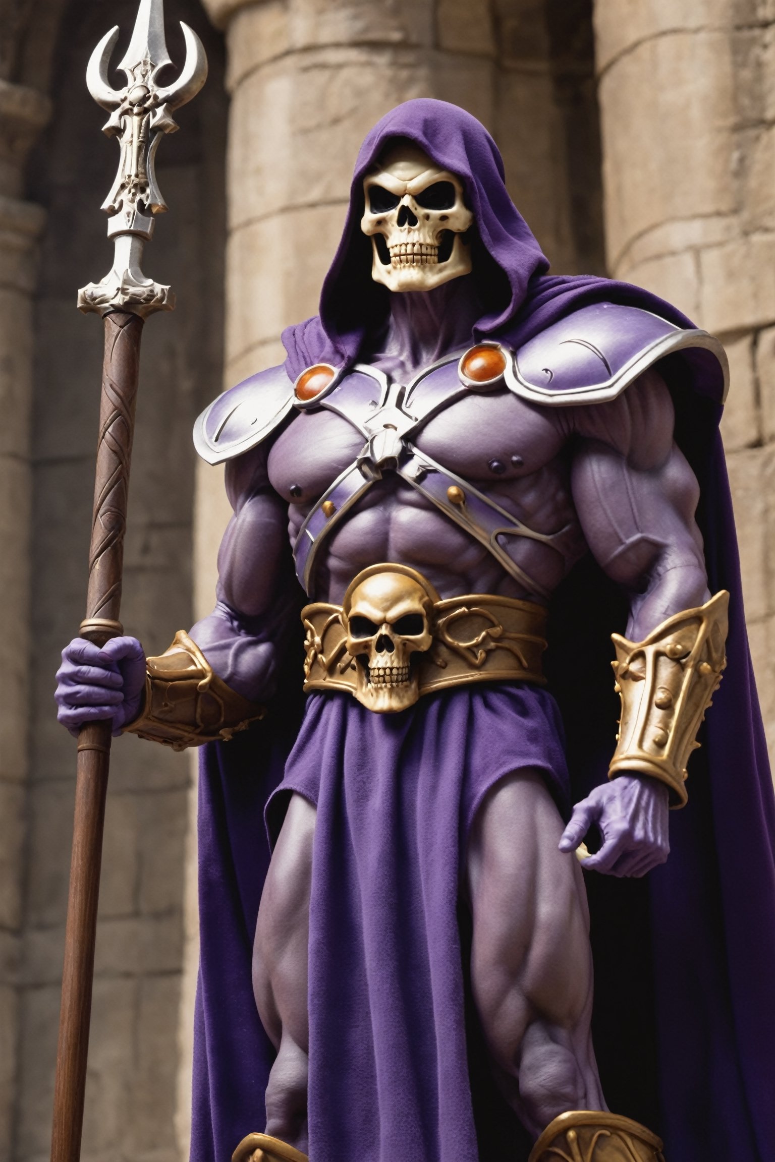 Skeletor, a menacing and skeletal figure, rules over the dark forces from within Castle Grayskull. His muscular frame is clad in dark, tattered robes, and his skull-like visage emanates an aura of malevolence. Skeletor wields a Havoc Staff, channeling dark energies to command the minions that serve his sinister purpose.